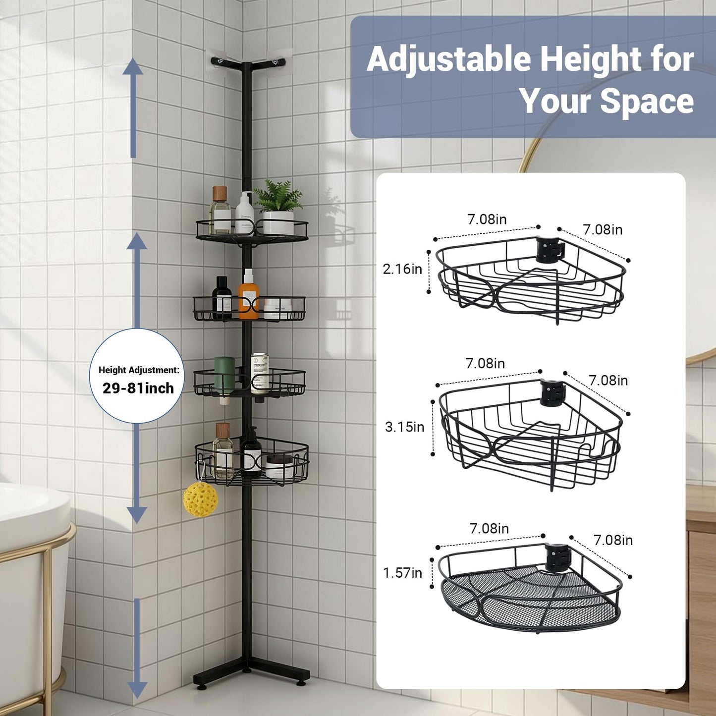 Marovitax Standing Shower Caddy Corner, 4-Tier Adjustable Height Bathroom Organizer, 6-Section Pole, Sturdy Floor Standing Shelf for Shower or Bathtub – No Drilling, No Spring Tension