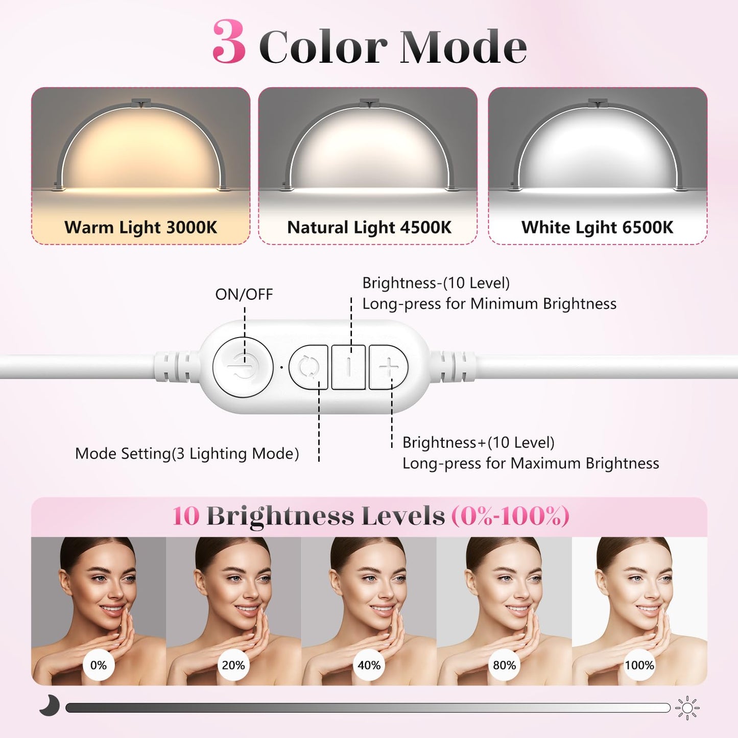 Yokilly Half Moon Light for Nail Desk: 29" Foldable Half Moon Desk Lamp with Phone Holder for Beginner - Arch Nail Tech Light with 3 Color Modes & 10 Brightness for Manicure Salon (White, Large)