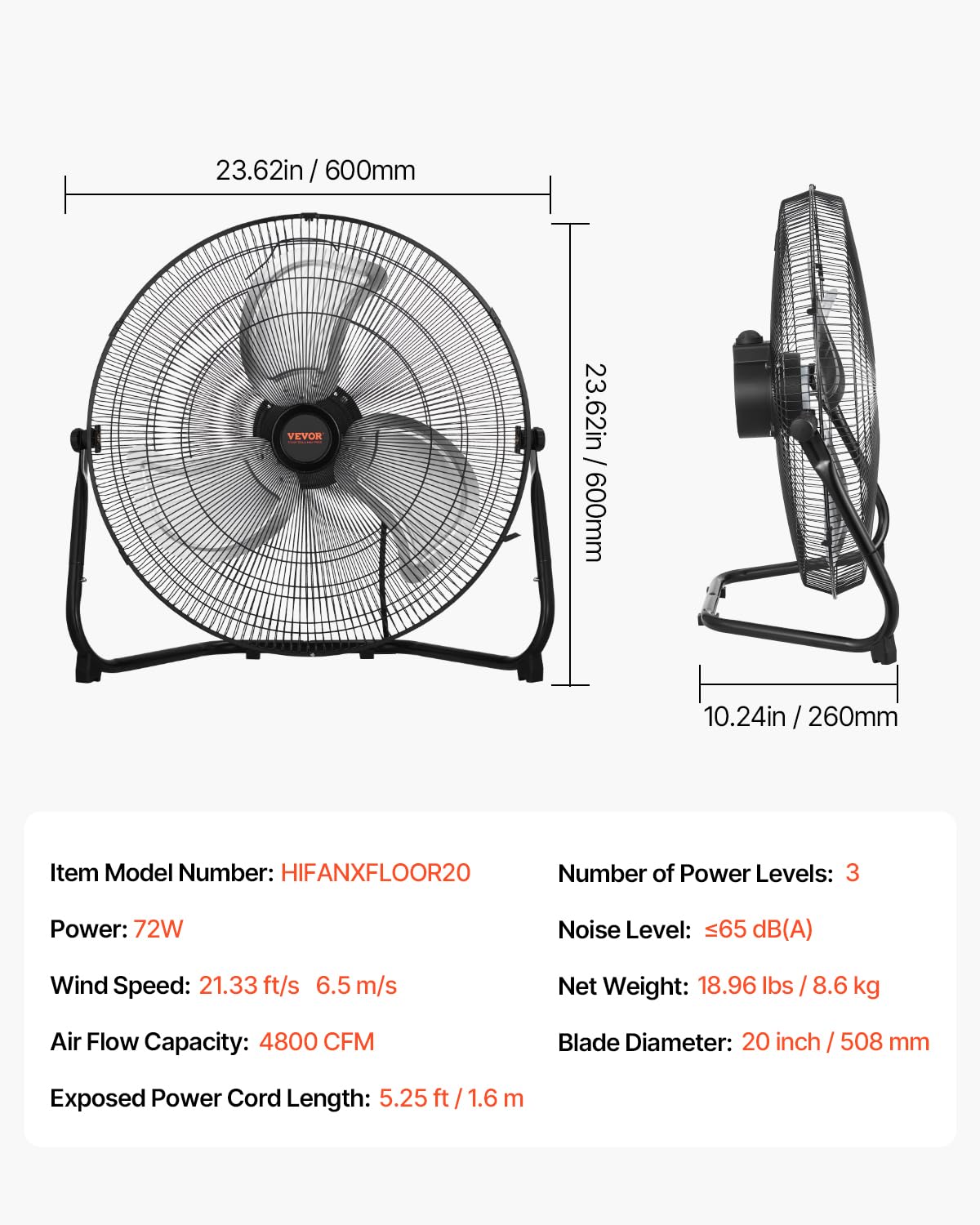 VEVOR Floor Fan, 3 Speeds High Velocity Heavy Duty 20 Inch Industrial Fan, 4800 CFM 360° Adjustable Tilt 21.33 ft/sec Airflow Large Metal Fan, for Home, Gym, Office, Garage, Commercial Shop & Bedroom