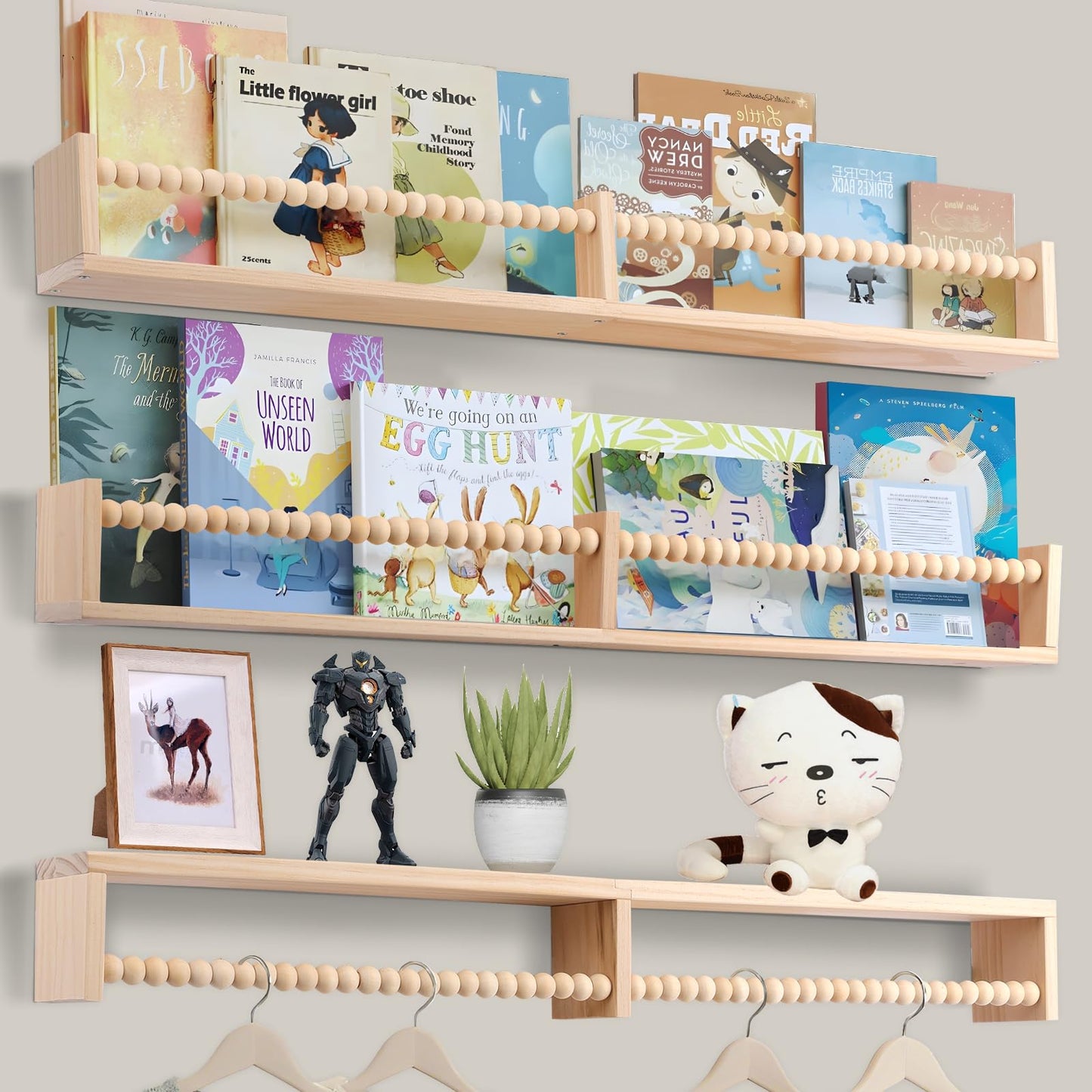 birola Nursery Book Shelves for Kids Rooms - 32 Inches Wall Book Shelves Set of 3, Space-Saving Nursery Shelves with Beads Design for Kids Room, Bedroom and Study Room(Natural)