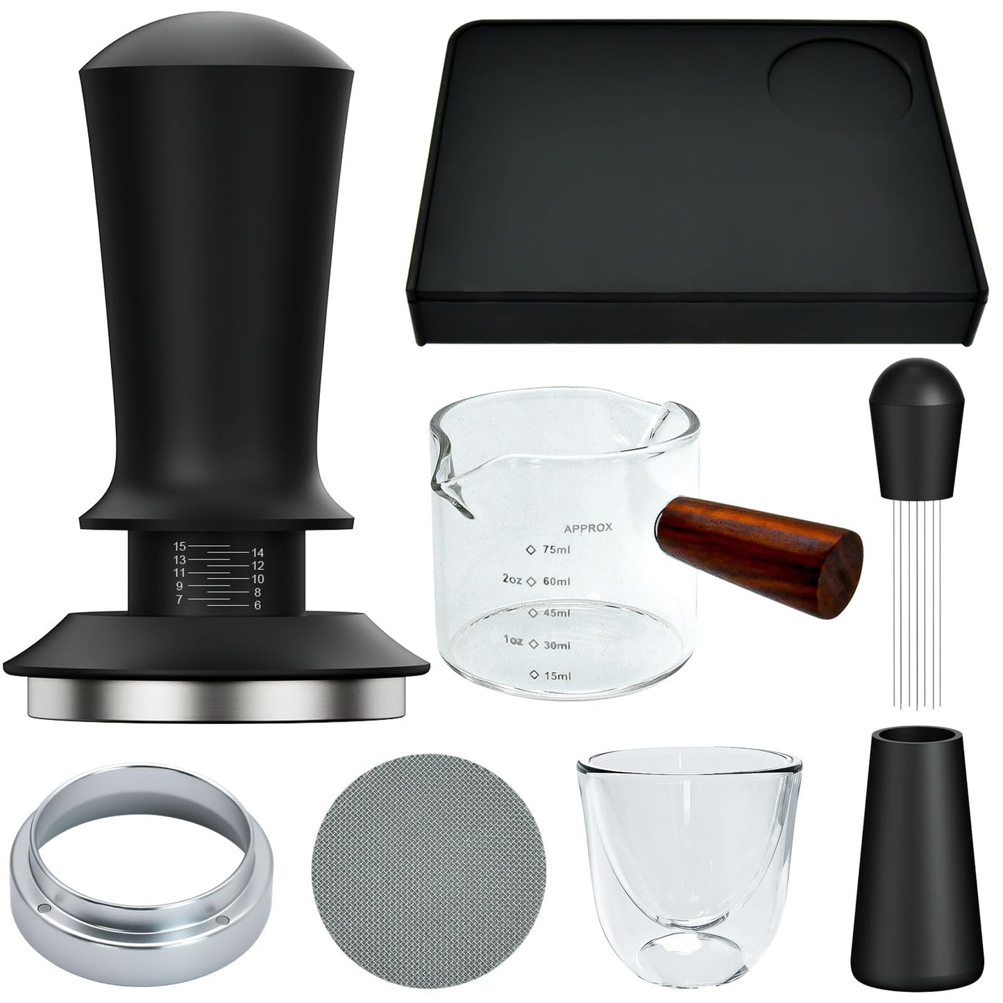 7 Pcs 51mm Espresso Accessories Kit, Spring Loaded Calibrated Tamper, WDT Tool, Coffee Measuring & Espresso Cup and Tamper Mat, Puck Screenr & Dosing Funnel, 51mm Espresso Machine Accessories