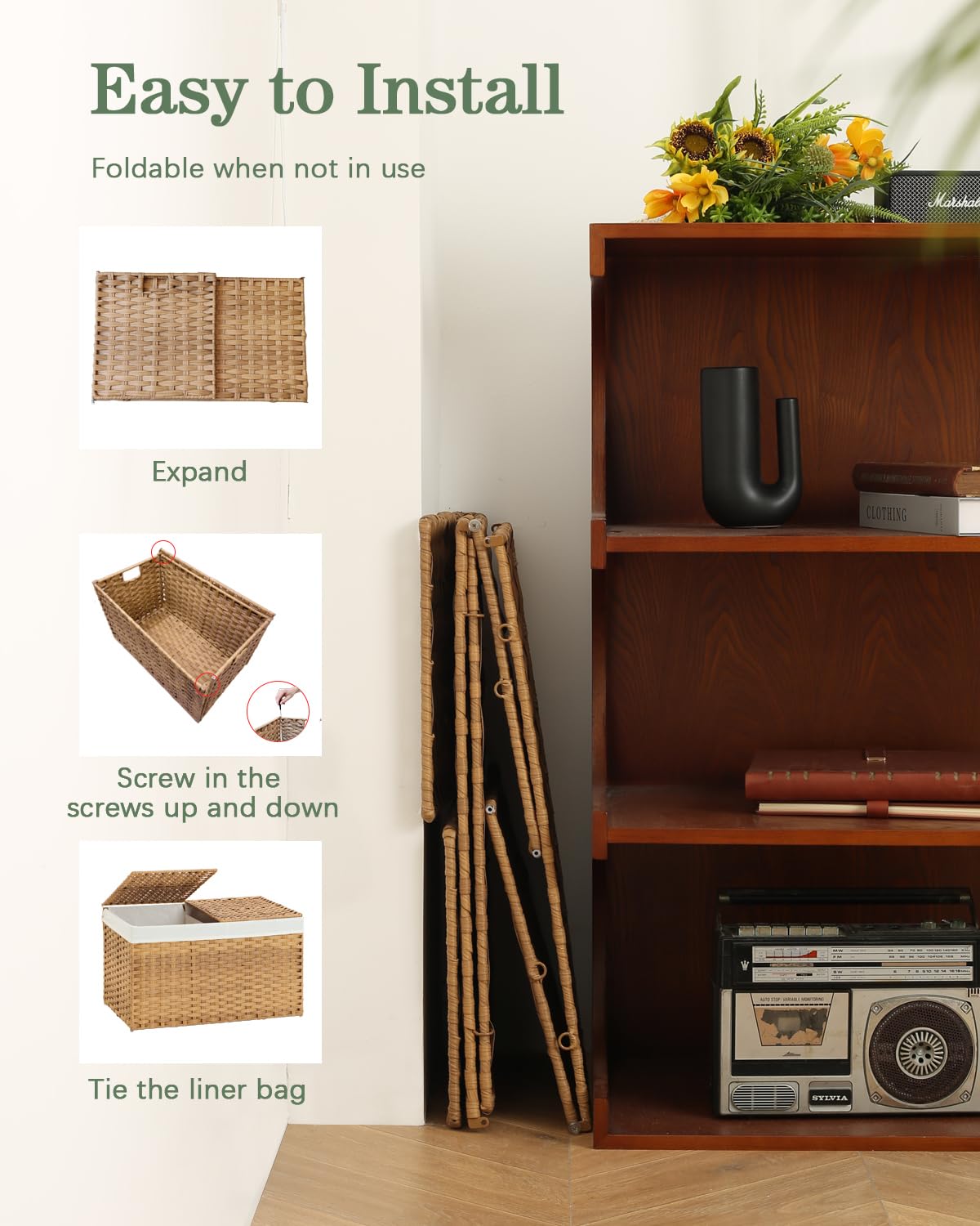 SETVSON Storage Basket with Lid Woven Wicker Baskets with 2 Separate Lid, 9.2 Gallon (35 L) Wicker Storage Bins with Handles, Foldable and 2 Removable Liner Bags for Bedroom, Laundry Room Natural