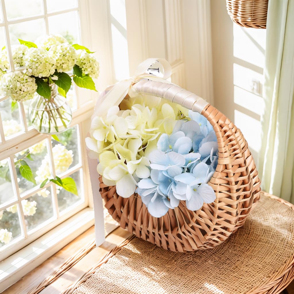 2 PCS Wicker Rattan Flower Baskets Small Half Moon Wicker Basket with Handle and Ribbons Wedding Flower Girl Straw Basket Willow Woven Storage for Wedding Party Decor(Brown) (2)