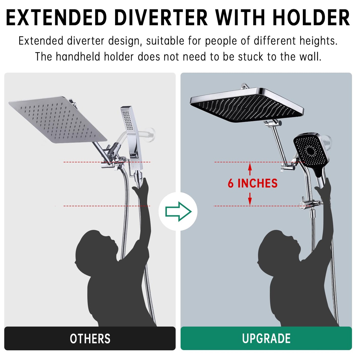 13-Inch Shower Heads with Multi-Function Handheld Sprayer Combo, 3-Way Metal Extended Diverter with Holder and Metal Adjustable Shower Extension Arm, Extra Long Hose(Chrome)