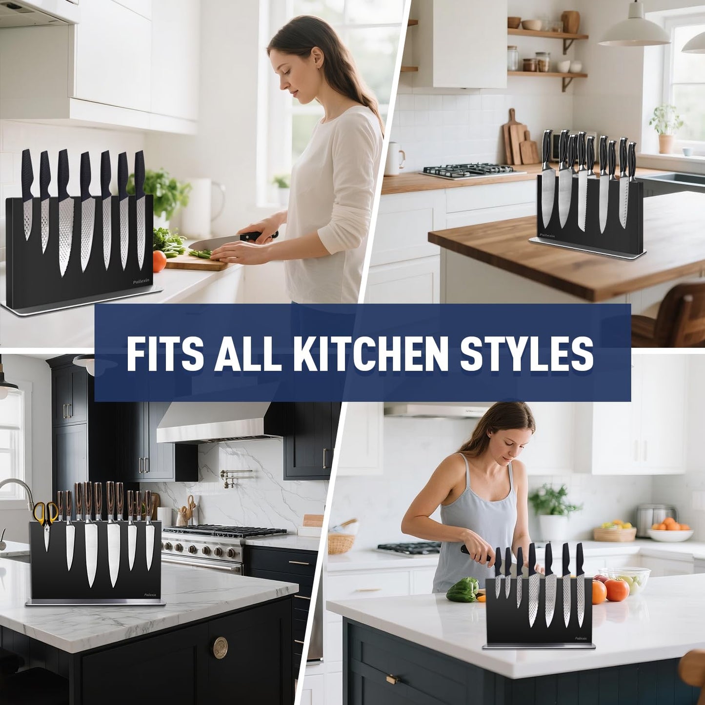 Pailexin Magnetic Knife Block Without Knives—Black Stainless Steel Double-Sided Magnetic Knife Holder Stand with Strong Magnets, Knife Storage Organizer for Kitchen Counter top, 16 inch