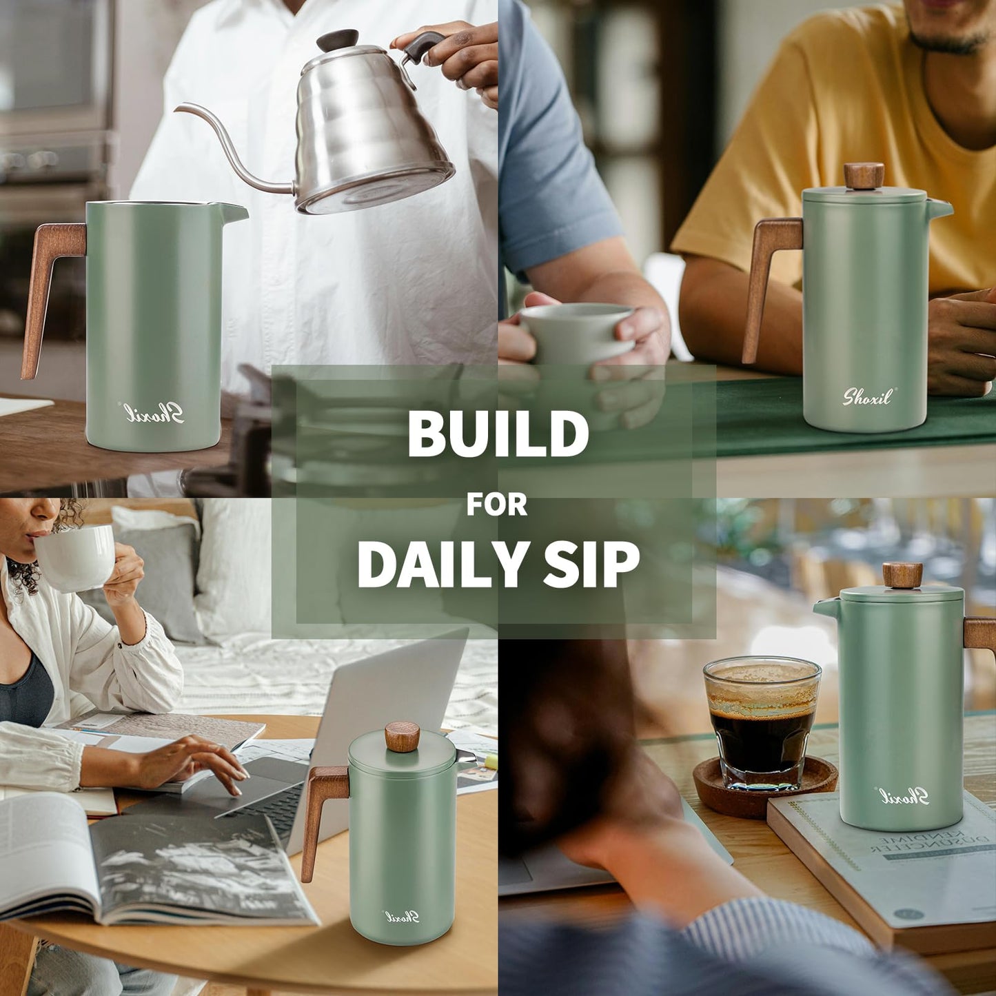 shoxil French Press Coffee Maker, 34oz Stainless Steel Green Coffee Press Real Wood Handle, Double Wall Insulated French Coffee Press with Dual-Filter Screen, Perfect for Camping & Kitchen Use