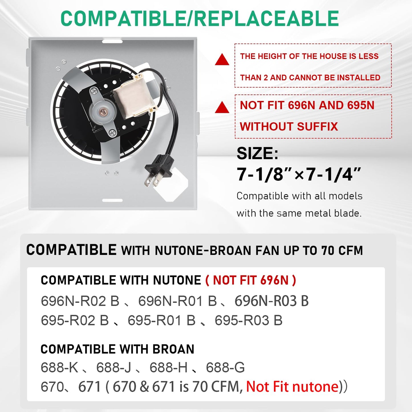 【Upgraded】 696N-R02 B Unit 70CFM Fan Compatible with Broan-Nutone 688-K 688-J 688-H 688-G 695N-R02 B, 696N-R01 B, 695N-R02 B,3.0 Sones,S97012026 Fan Assembly