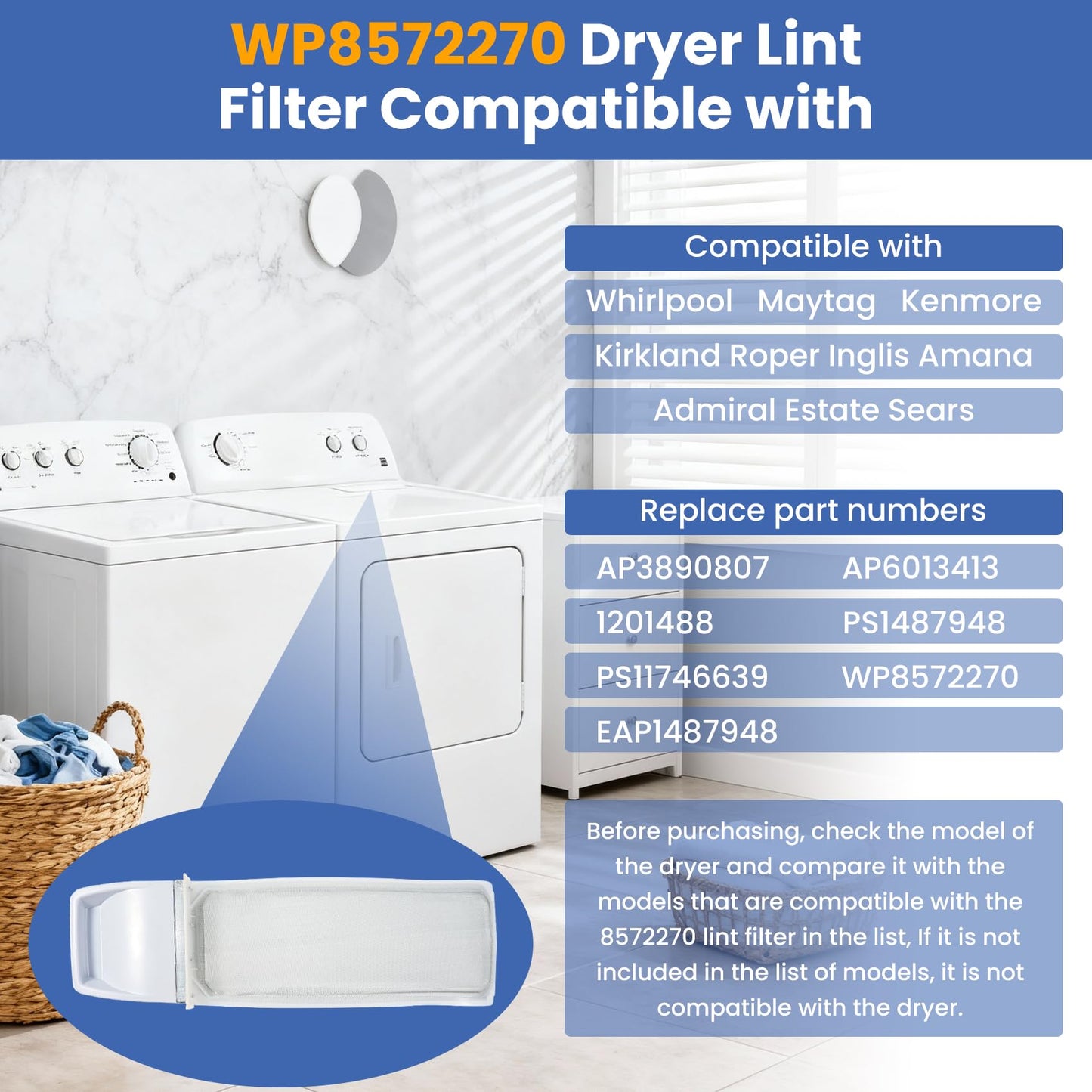 WP8572270 8572270 Clothes Dryer Lint Trap Compatible with Whirlpool Maytag Kenmore WED6200SW1 WED6400SW1 WED6400SB0 WED6400SB1. Replace AP3890807 1201488 AP6013413 PS1487948 PS11746639