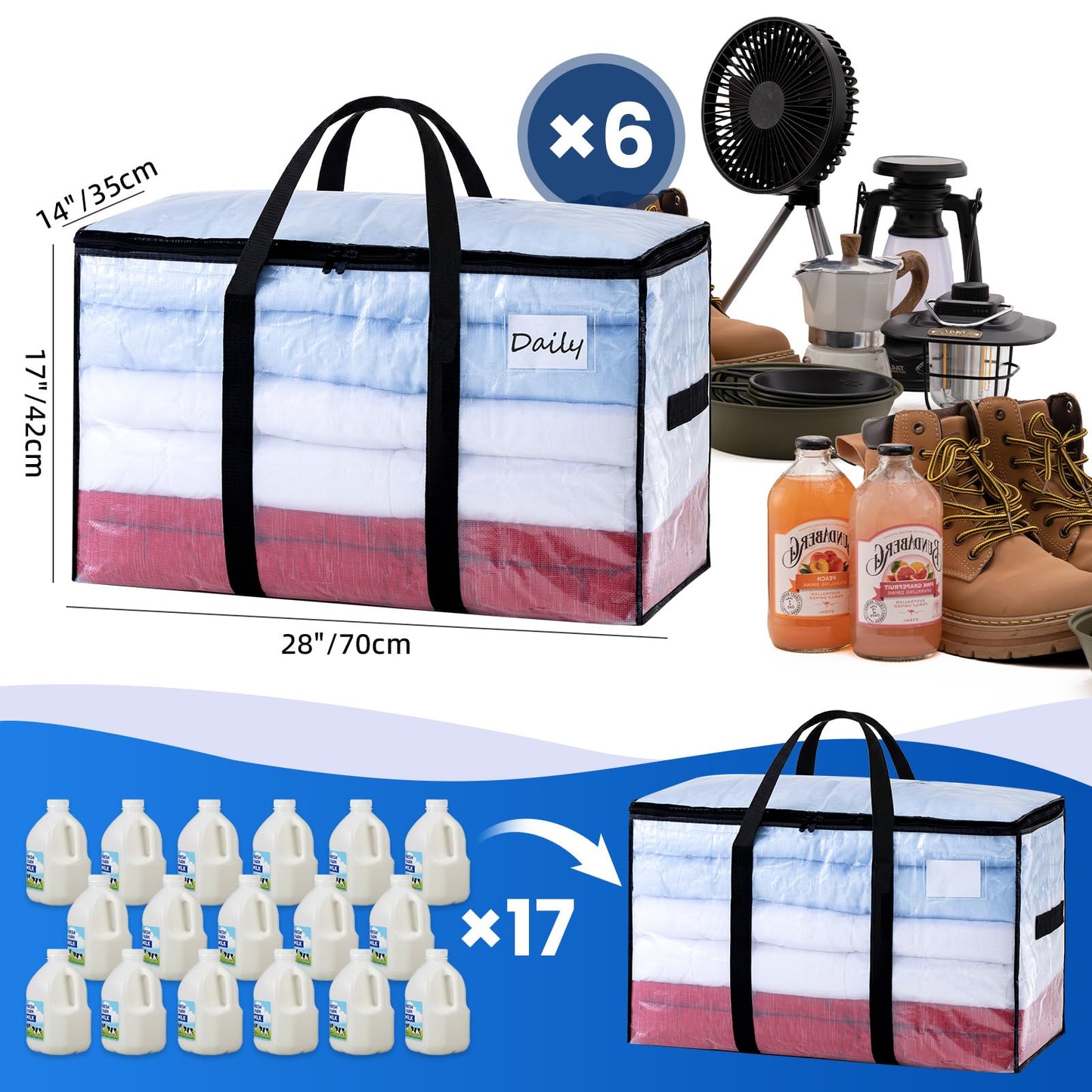 TAILI Extra Large Moving Bags, 6 Pack Clear Heavy Duty Totes For Storage with Visible Window, Wrap Around Handles, Storage Bags for Space Saving, Alternative to Moving Boxes