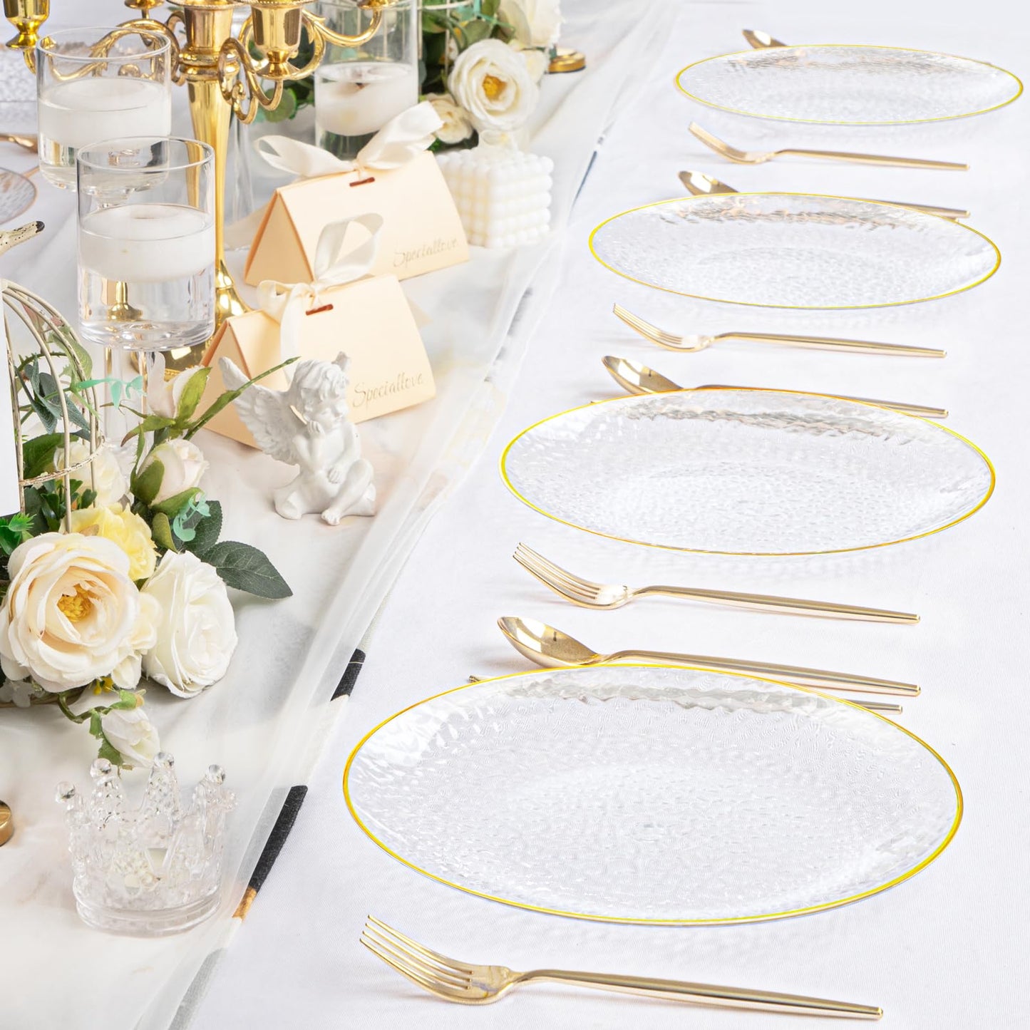Rubtlamp 100 Pcs Gold Plastic Plates, 10 inch Clear Gold Dinner Plates, Hammer Pattern Design, Fancy Disposable Plate, Heavy Duty Party Plate Ideal for Party