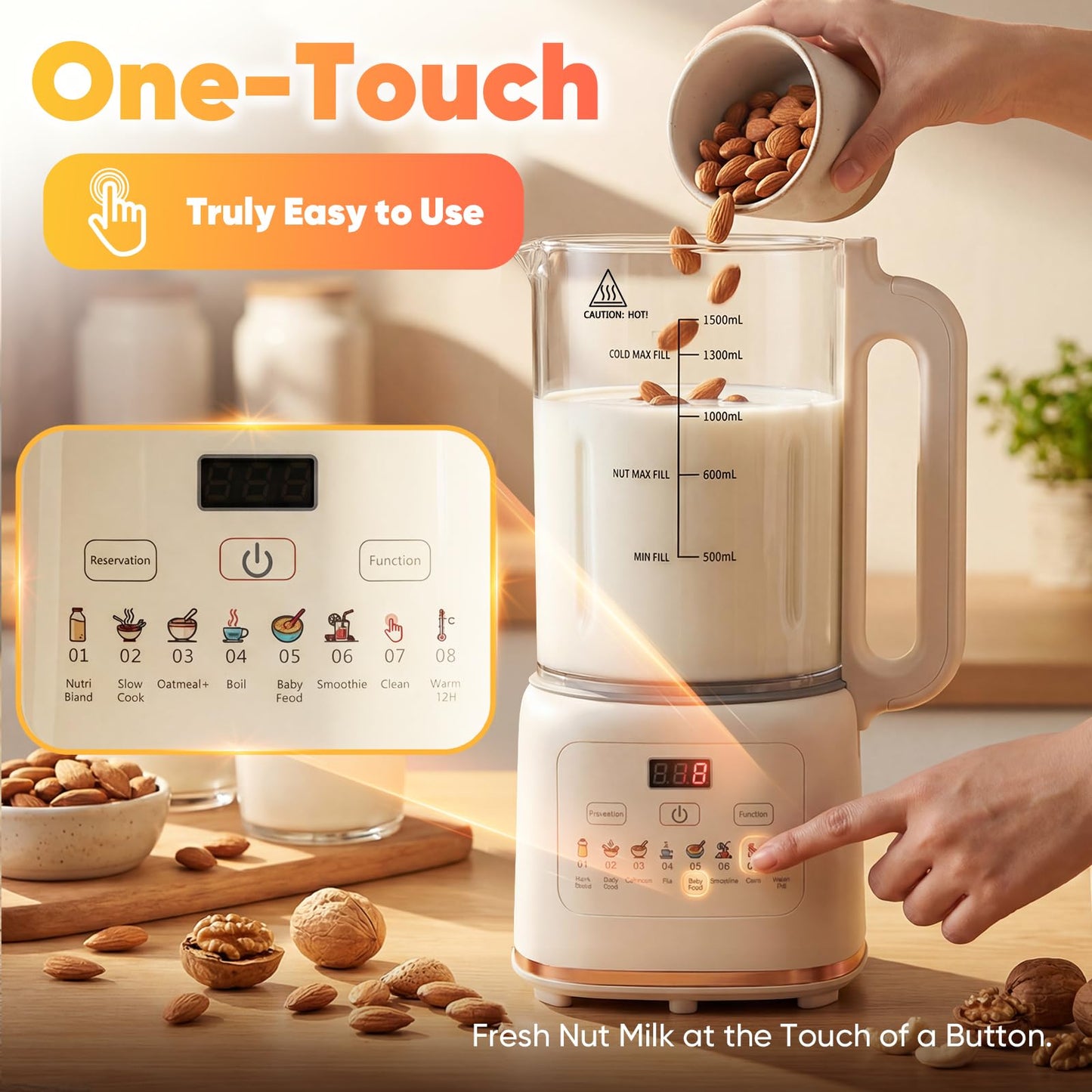 55oz Nut Milk Maker, Automatic Plant-Based Milk Machine with 48 Blades, Soy/Almond/Oat Milk Maker, Delay Start & Keep Warm, Self-Clean, Touch Control, Stainless Steel Jar, for Hot or Cold Drinks