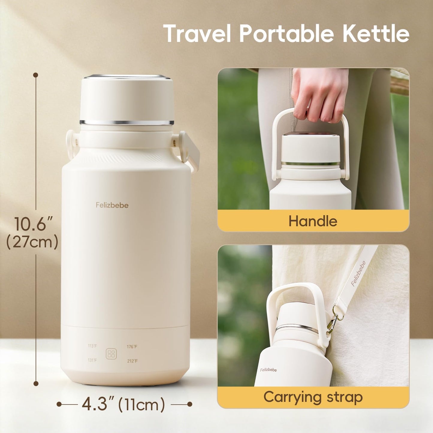Felizbebe 33.8 Oz/1000mL Portable Electric Kettle,304 Stainless Steel Travel Kettle Electric,4 Temp Settings with Holding Heat,600W Fast Boiling Water with Auto Shut-Off and Boil Dry Protection