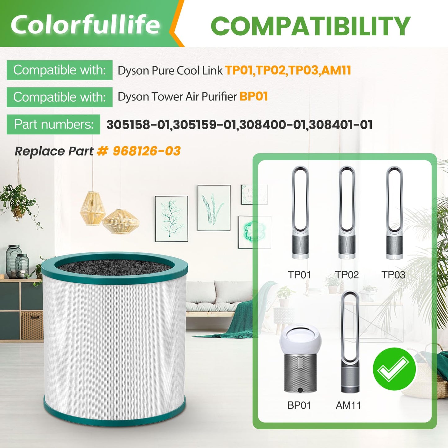 TP01 Replacement Filter for Dyson Tower Pure Cool Link TP01, TP02, TP03, AM11, BP01 Models Air Purifier, Compare to Part 968126-03, 2 Pack