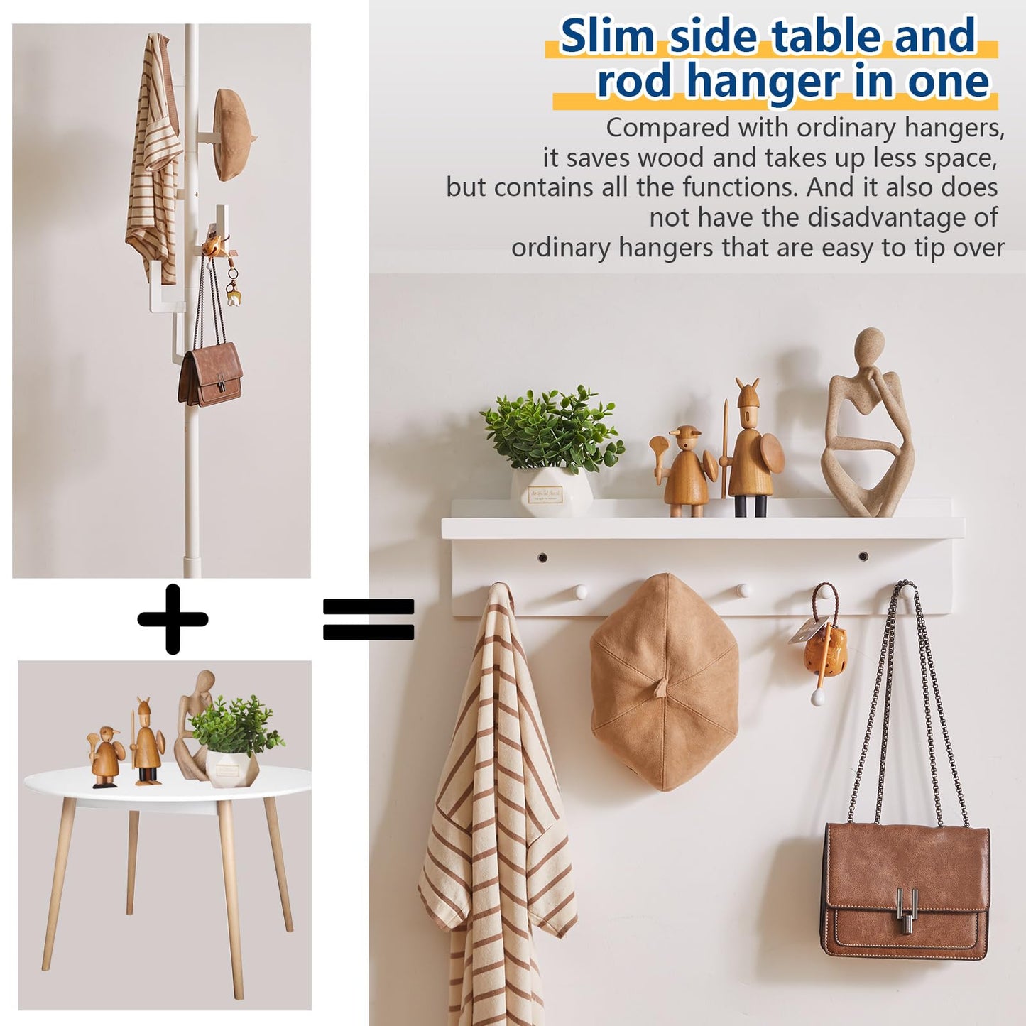 Aibiju Wood Coat Hook with Wall-Mounted Shelf, 23.62in Entryway Wall Hanging Shelf, for Bathroom, Kitchen, Coat Towel Key Organizer White YD-WS0260W