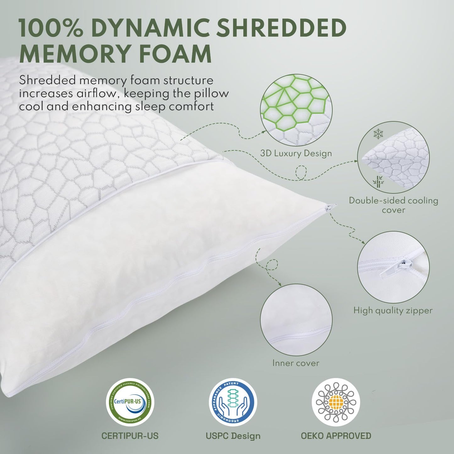 HEYCUZI Pillows Queen Size Set of 2 - Cooling Shredded Memory Foam Pillow for Sleeping 2 Pack, Adjustable Cool Bed Pillows for Side, Back, and Stomach Sleepers, Gel Pillow Washable Removable Cover