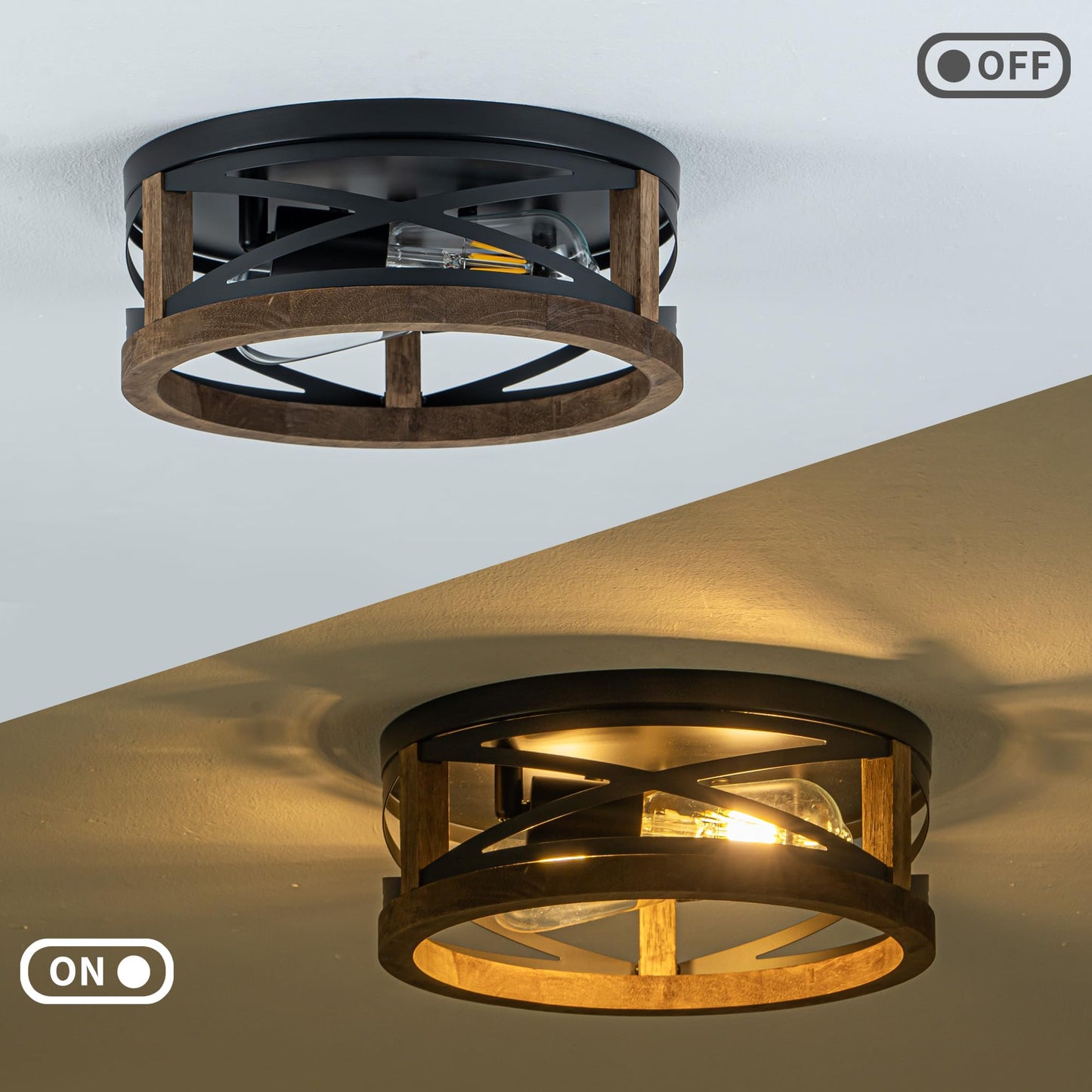 Lzglyptics Farmhouse Ceiling Light, 2-Light Round Flush Mount Ceiling Light with Wood and Metal Frame, Black Rustic Light Fixture for Hallway, Entryway, Bedroom, Kitchen