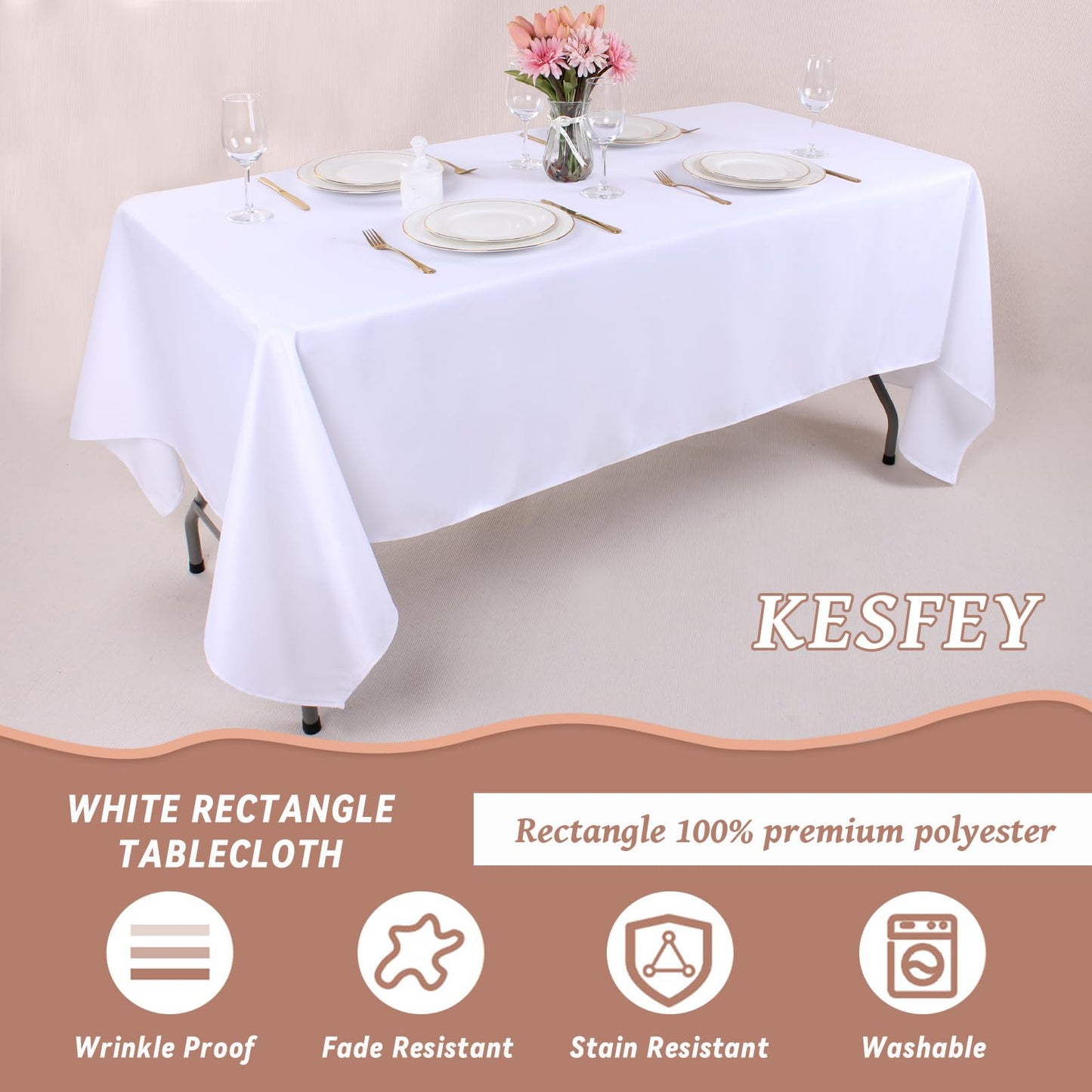 Kesfey 6 Packs White Table Cloths Rectangle 70 x120 inch Washable Polyester Fabric White Tablecloths for 6-8 Ft Tables Stain and Wrinkle Resistant Reusable Table Covers for Parties Wedding Banquet