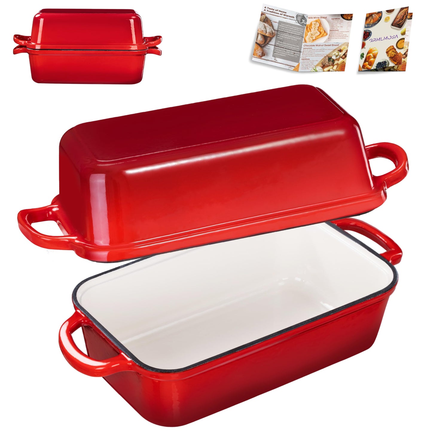 GRMImosa Cast Iron Bread Loaf Pan wiht Lid, Loaf Pans for Baking Bread 9x5 Inch, Sourdough Bread Baking Pan for Homemade Bread, Meatloaf, Even Heat Distribution, Cherry