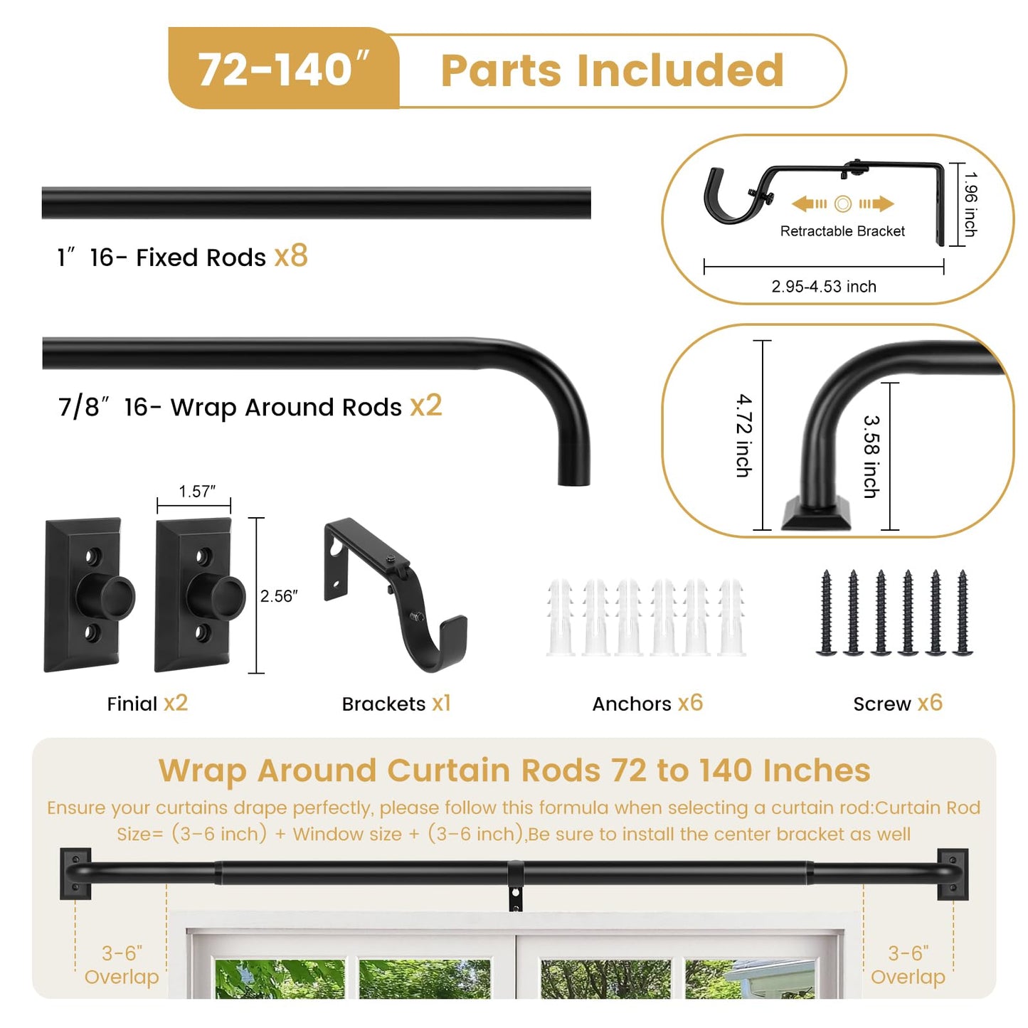 TANGWIN Black Wrap Around Curtain Rods 72 to 144:Blackout Heavy Duty Adjustable Long Window Curtain Rod Room Darkening Modern Industrial Curved French Return Metal Drapery Rod Easy Install Matte Black