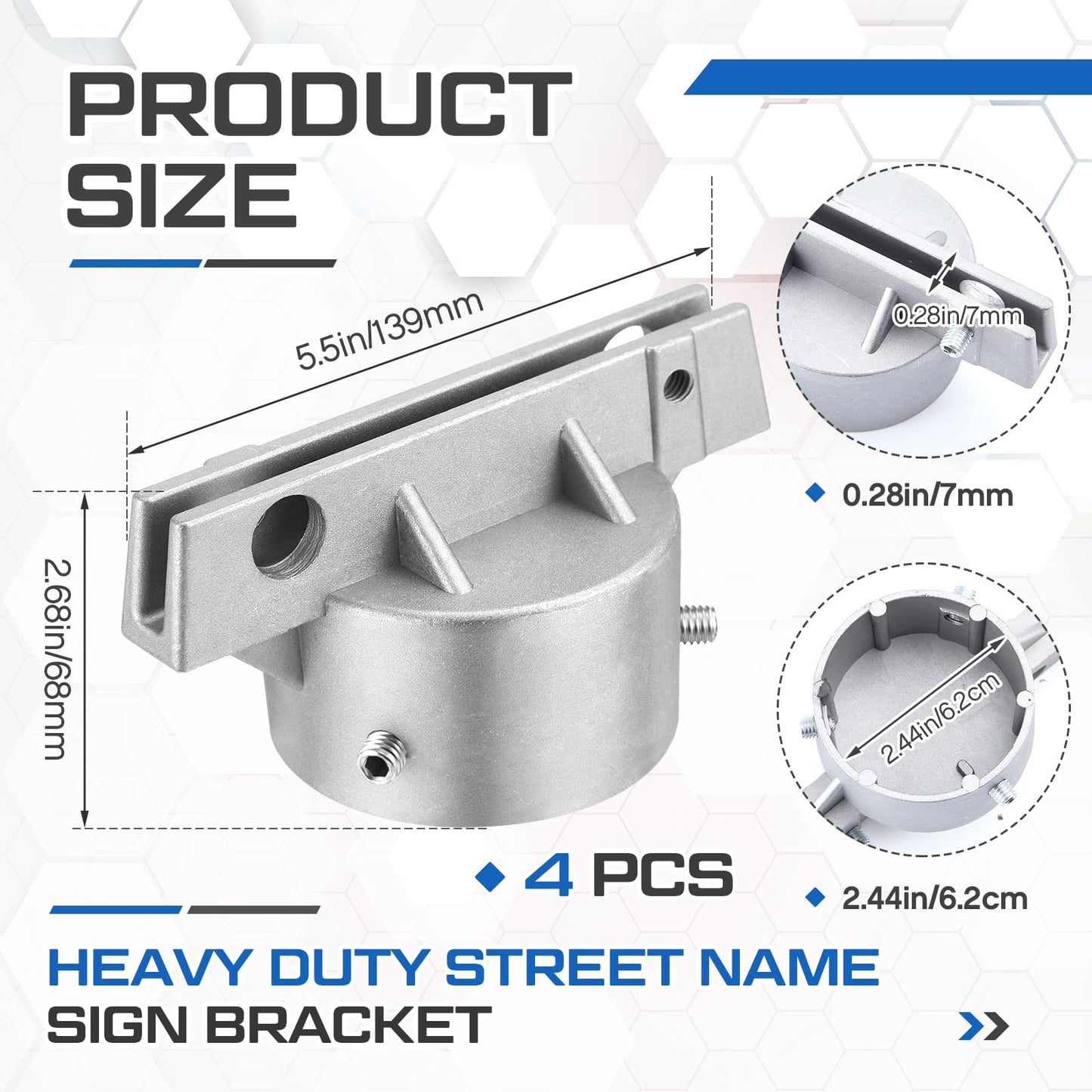 Hicarer 4 Pcs Street Name Sign Bracket for 2 3/8" Pole 5.5" Wide (3/16" Slot) Heavy Duty Street Name Sign Holder Round Aluminum Pole Bracket
