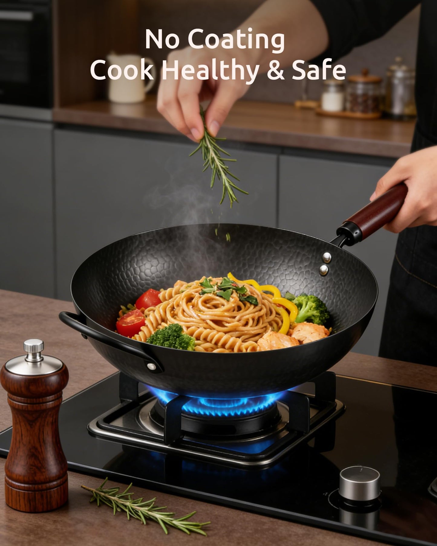 FGJ Wok Pan, Carbon Steel Wok, Woks & Stir-Fry Pans Nonstick, 13 Inch Wok Pan with Wooden Lid, Pre-Seasoned Carbon Steel Cookware, 5.8QT Flat Bottom Chinese Wok Pan, Compatible with All Cooktops