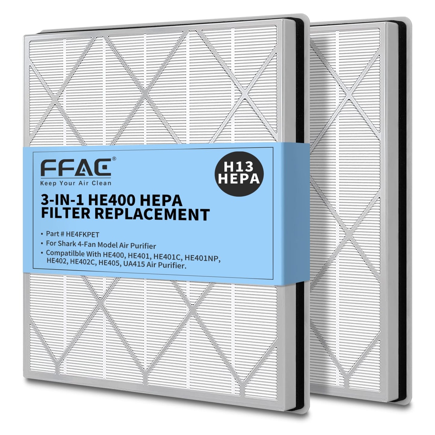 FFAC 2 Pack HE401 Filter Replacement for Shark Air Purifier 4-Fan Model, HE402 HEPA Filter Compatible with Shark HE401 HE402 HE405 Air Purifier, Part HE4FKPET