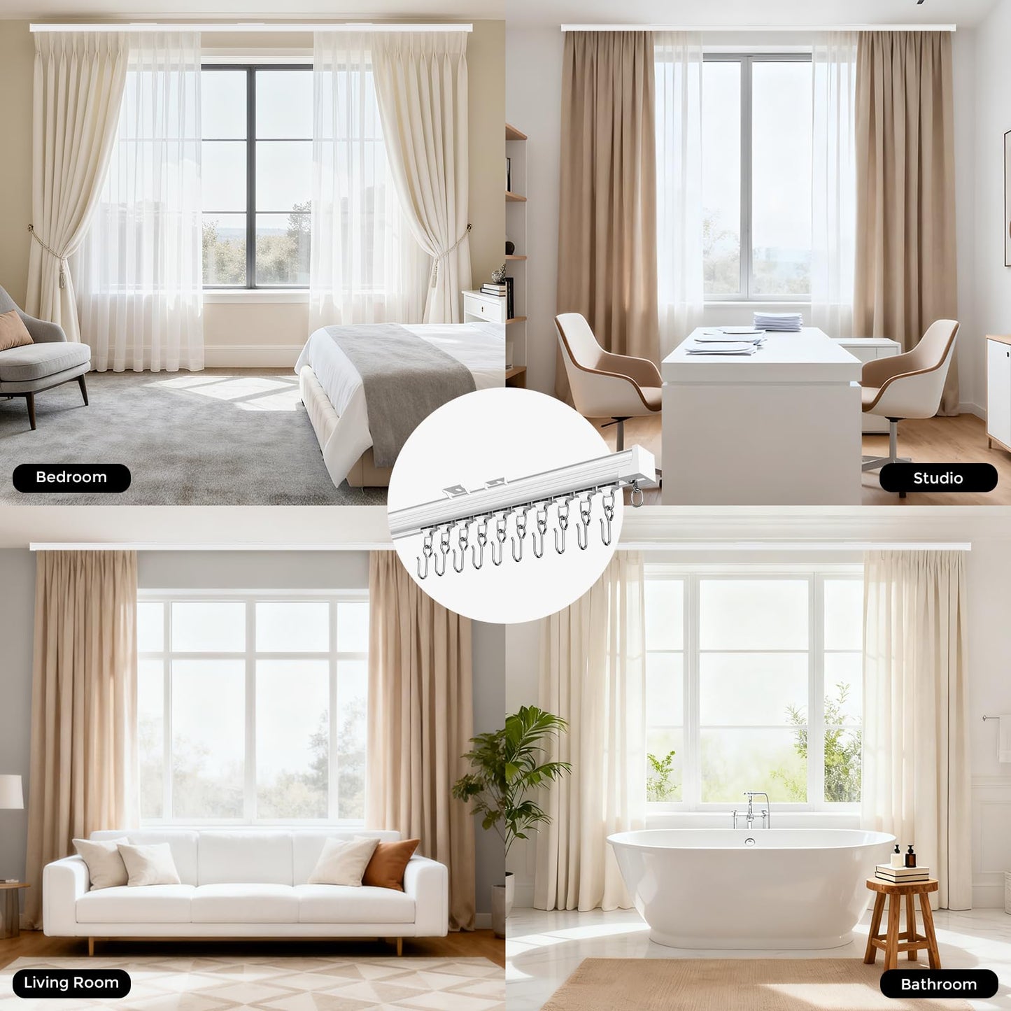 Ceiling Curtain Track 6–9 ft White - Heavy Duty Ceiling/Wall Mount Curtain Rail/Rod System, 30 Quiet-Glide Rollers, 30 Hooks, 30 Clips, Room Divider for Living Room, Bathroom or Hospital