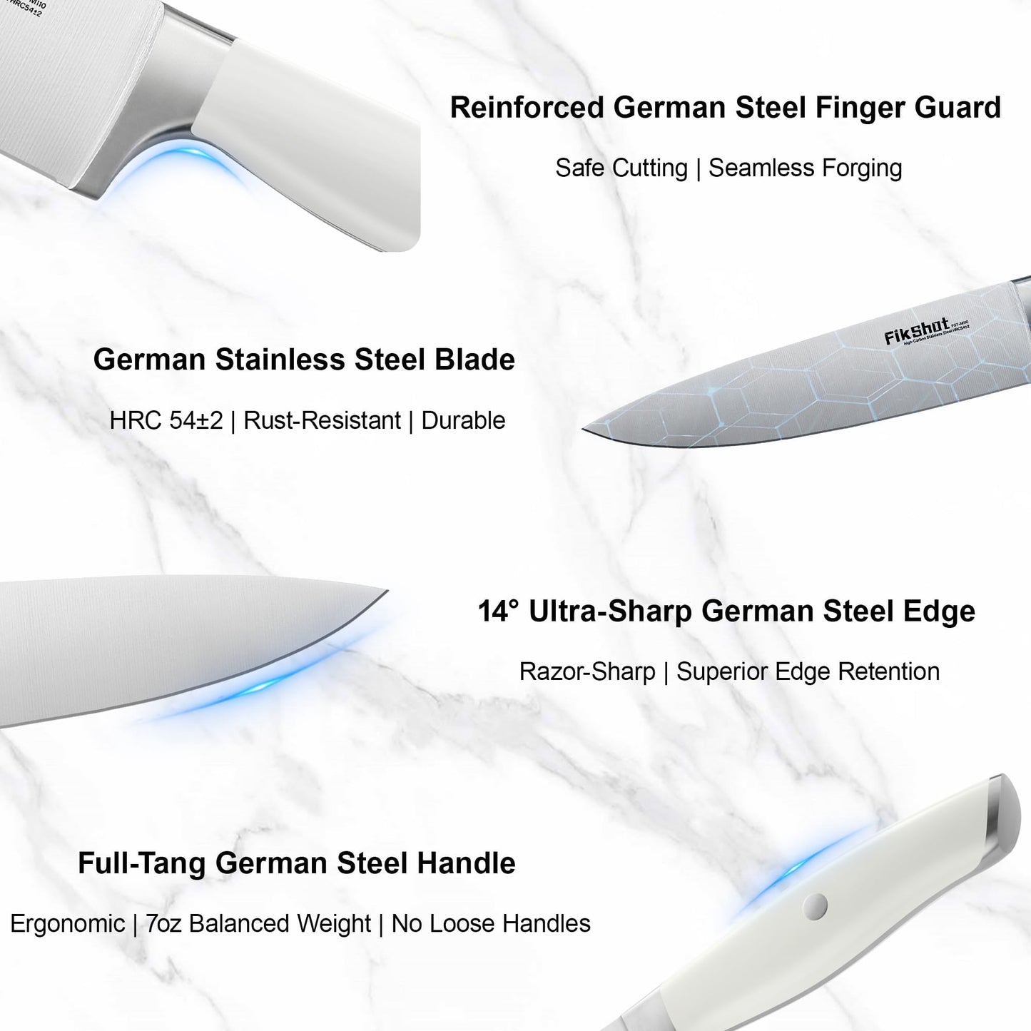 Fikshot 14-Piece Knife Set – German High Carbon Stainless Steel, Professional Chef Knives with Block & Sharpener, Elegant White, Dishwasher-Safe, Modern Kitchens, Ideal Gift for Chef & Father's Day