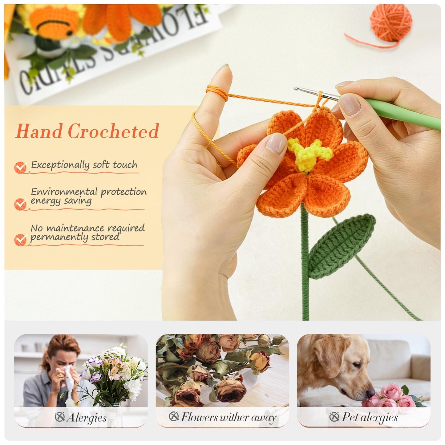 Bnoiiok Crochet Flower Bouquet, Handmade Knitted Flowers Bouquet,Orange Crochet Bouquet, Crochet Sunflower Unique Gift for Women Wife Teacher Birthday Anniversary Graduation Gifts
