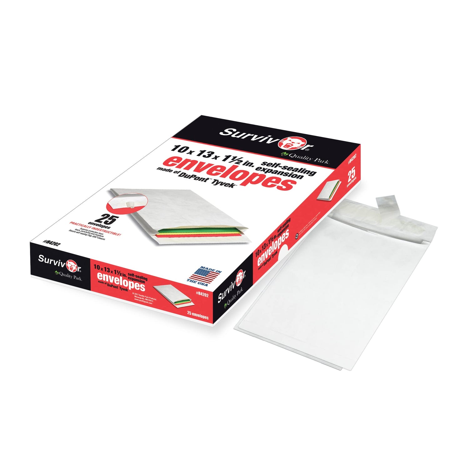 Quality Park Tyvek Envelopes, 25 Pack, Large 10 x 13 Mailers, 2 Inch Expansion, Rip, Puncture & Water Resistant Self Sealing Mailing Bags for Lightweight Shipping, White