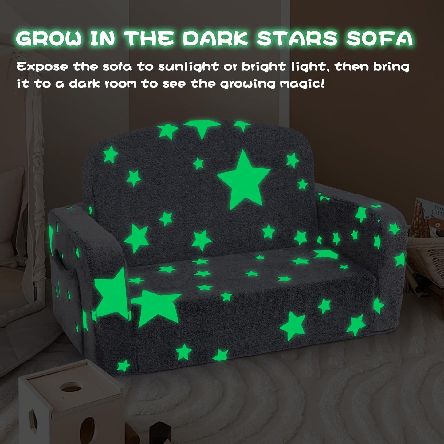 Foryoomi Extra Wide Kids Couch, 2-in-1 Soft Couch with Blanket, Glow in The Dark, Comfy Chair with Cloud Pillow, Convertible Sofa, Star