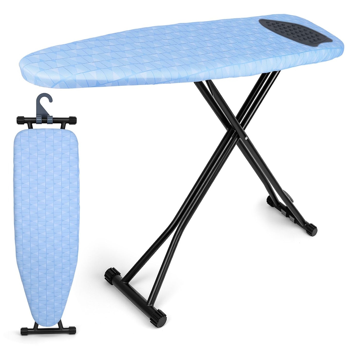 Ironing Board with Silicon Iron Mat Heavy Metal Frame Legs Iron Stand for Home, Laundry Room, Foldable Compact Ironing Board Wall Mount Hanger, Height Adjustable, 13x43in