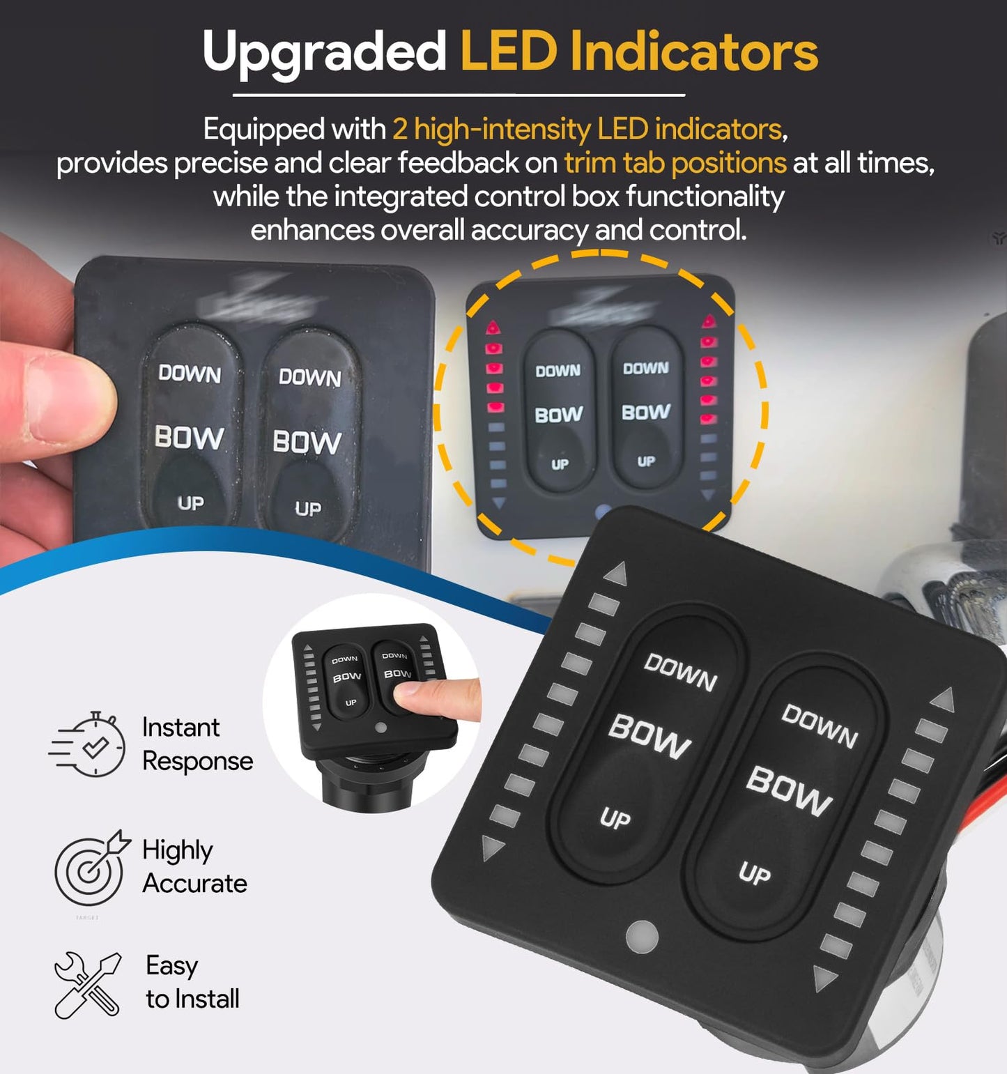 15170-001 LED Indicator Integrated Tactile Trim Tab Switch Kit with 36" Pigtail – Compatible Replacement for Lenco Marine Single Actuator Trim Tab Systems – Backlit Keypad, Auto-Retract