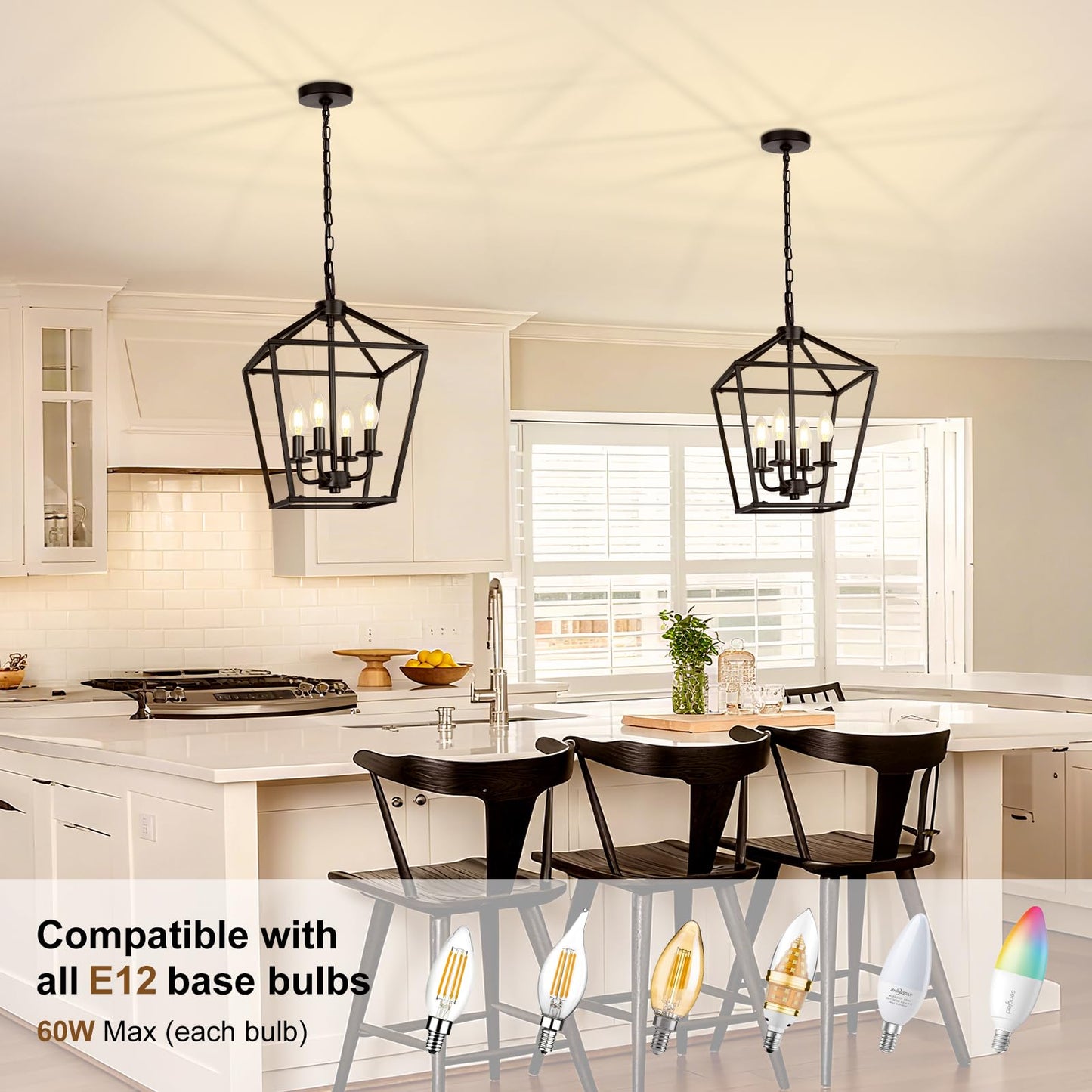 4 Light Chandelier, Industrial Ceiling Light Black Lantern Light Fixtures with Farmhouse Metal Cage Adjustable Height Rustic Geometric Hanging Light E12 Base for Kitchen Island, Entryway, Indoor