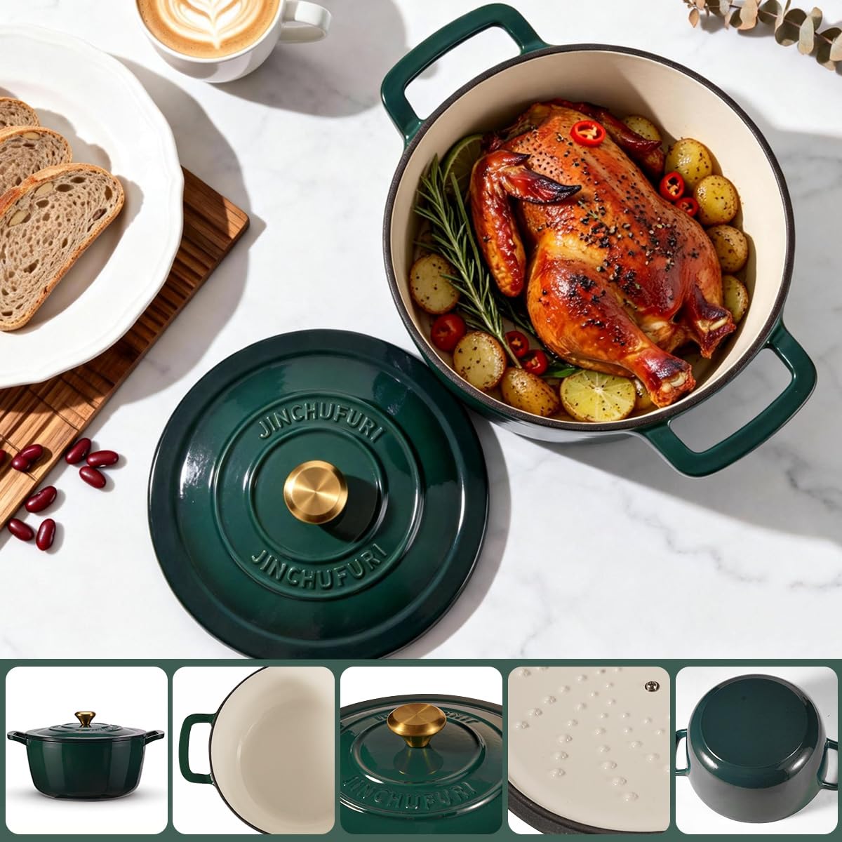 Enameled Cast Iron Dutch Oven - JINCHUFURI 5 Quart Cast Iron Dutch Oven Enameled Oven with Lid for Sourdough Bread Baking, Pre-Seasoned Pot Oven Safe