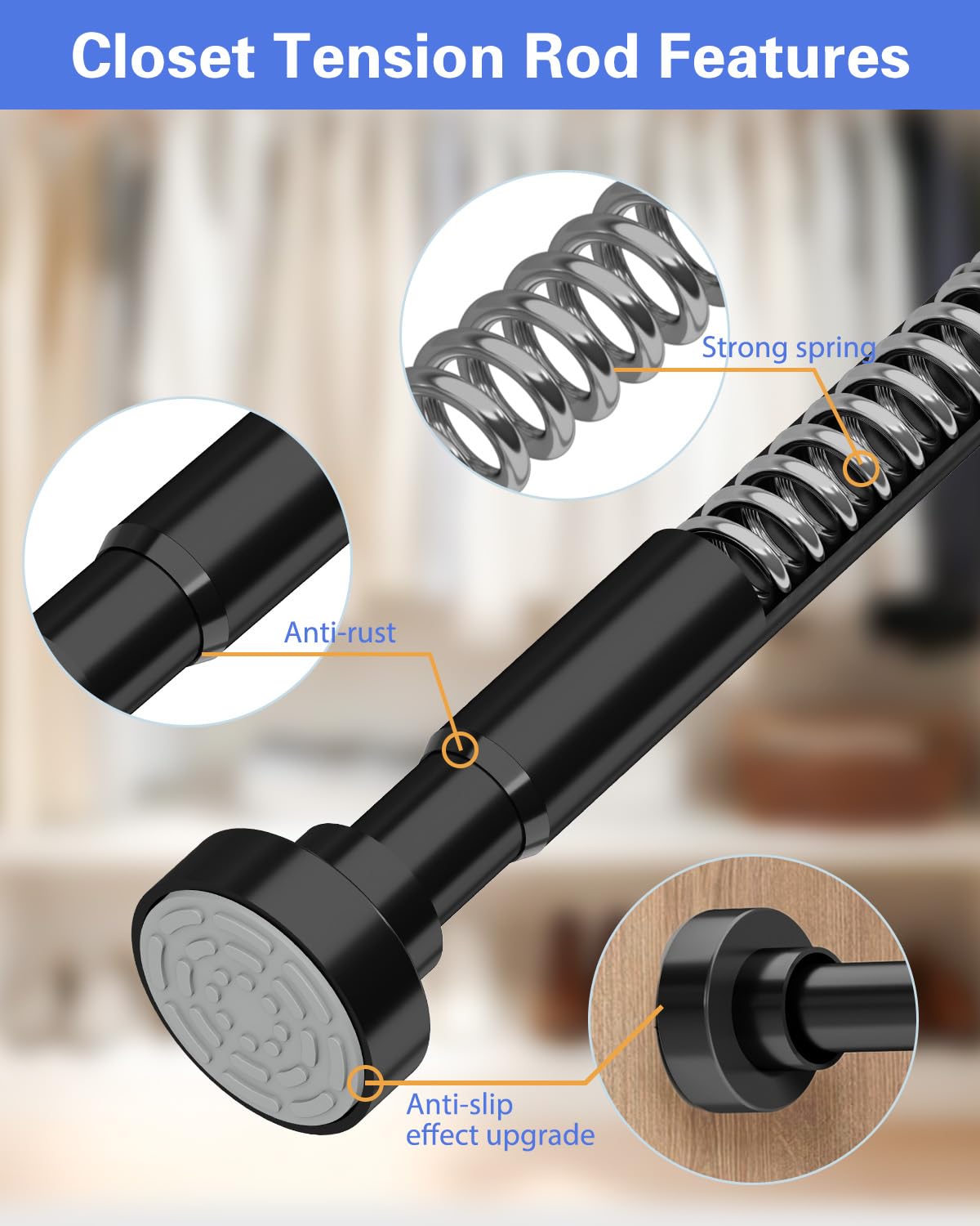 Supforce No Drilling Closet Rods for Hanging Clothes, Non Slip Tension Rod with Heavy Duty Clothes Hanging Rod, 17-69 Inches Adjustable Spring Closet Rod for Closet Wardrobe Bathroom Laundry RV, Black