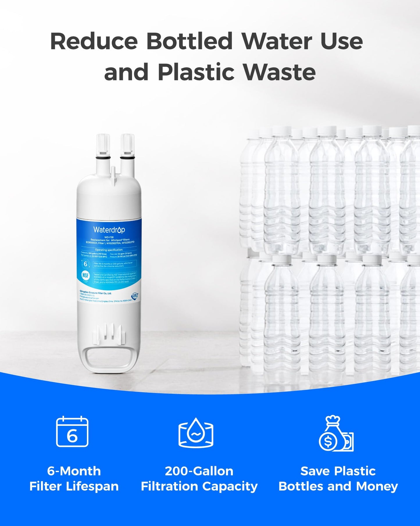 Waterdrop EDR1RXD1 Replacement for Everydrop® Filter 1, W10295370A, EDR1RXD1B, P8RFWB2L, P4RFWB, WD-F38, 46-9081, 46-9930 Refrigerator Water Filter, 4 Pack