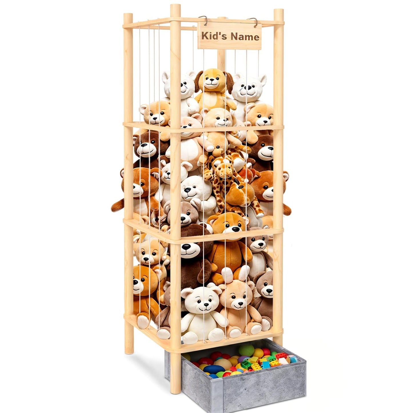 WORLDMX Stuffed Animal Storage with Toys Tray, 57In Large Wooden Stuffy Plushies Storage Holder Extra Large Capacity Stuffed Animals Zoo Organizer for Toddler Rooms, Playrooms & Bedrooms