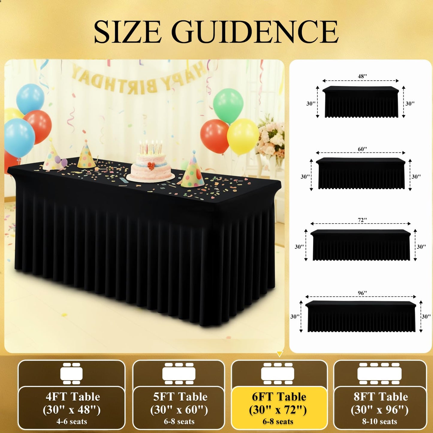 Moosfor Spandex Fitted 6FT Rectangle Tablecloth 2 Pack, Elastic Stretch Wrinkle Resistant Table Skirt, Washable Reusable Table Cover for Wedding, Banquet, Party, Events (Black, 72Lx30Wx30H Inch)