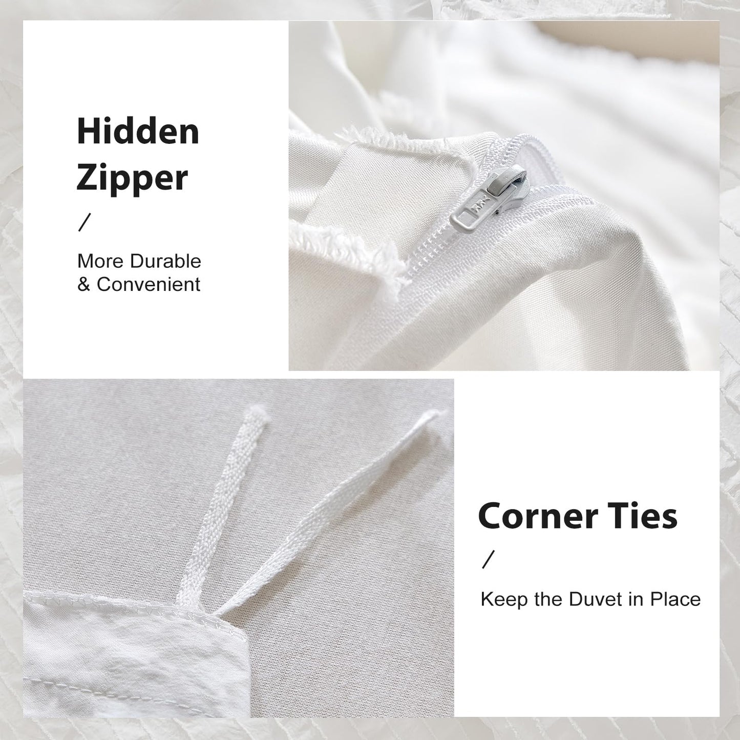 WARMDERN White Boho Duvet Cover Set King Size, Striped Textured Duvet Cover Tufted Bedding Set, 3 Pcs Ultra Soft Washed Microfiber Duvet Cover with Zipper Closure (King, White)