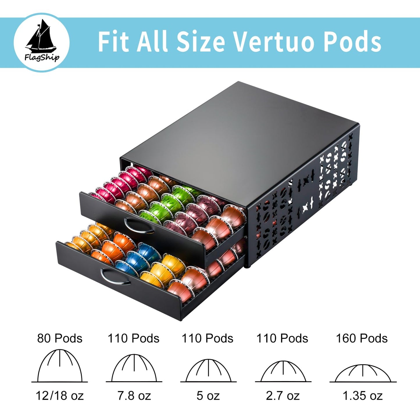 FlagShip for Vertuo Pod Holder Coffee Pod Storage for Nespresso Pod Organizer Large Capacity Fits All Size Vertuo Pods 2 Tier Drawer