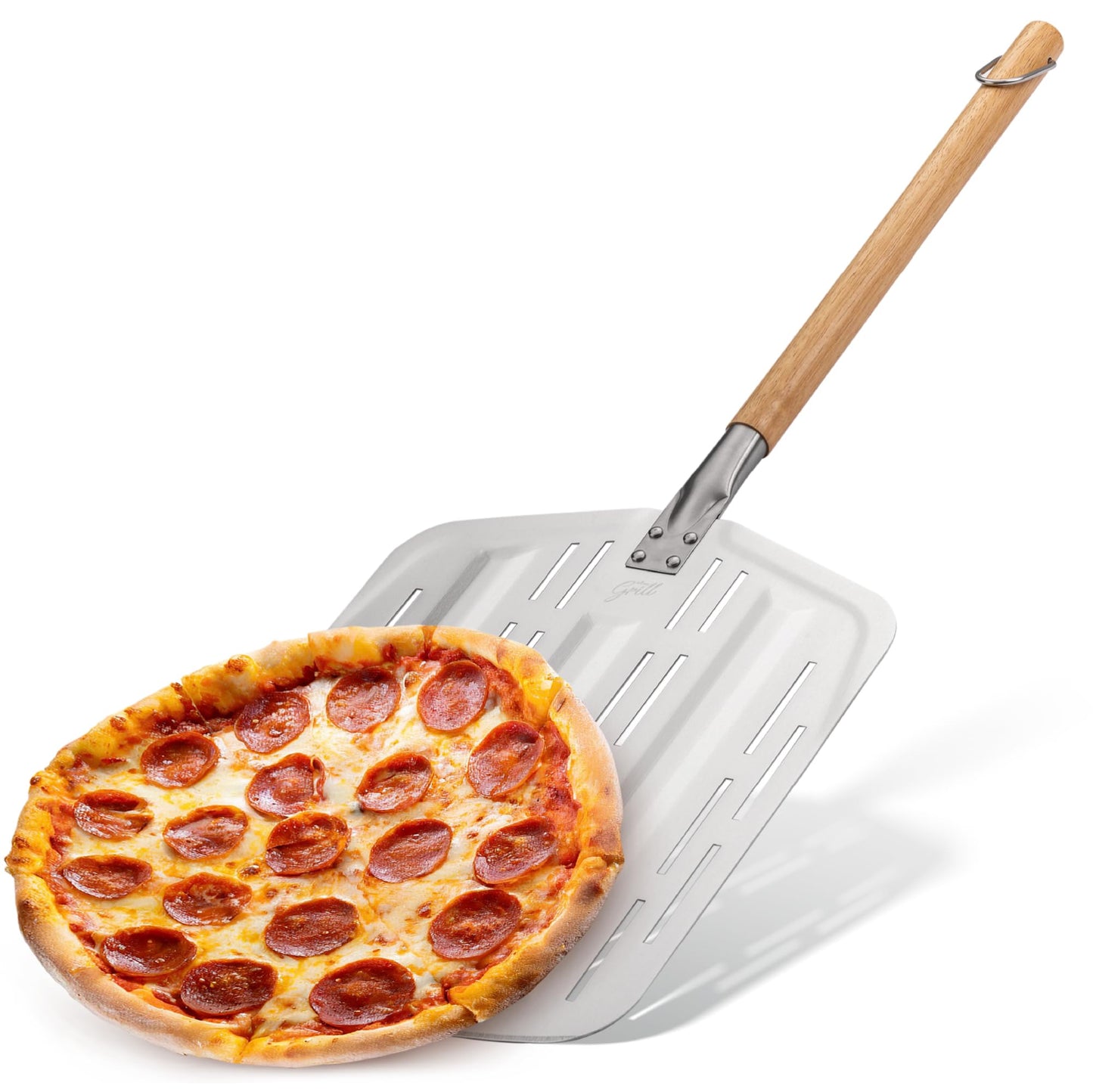 Hans Grill Pizza Peel PRO | Made for XL Pizza 12 inch + | Professional Restaurant Grade Perforated Metal Non-Stick Paddle for launching, turning and retrieving pizzas (Peel Pro) (Grey)