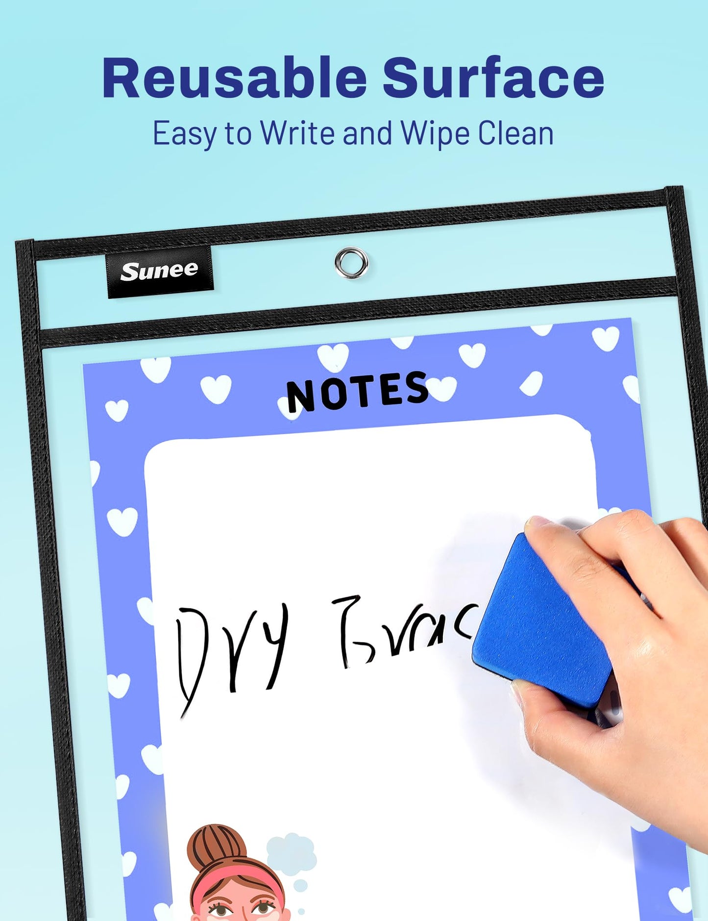 SUNEE 50 Packs Oversized Reusable Dry Erase Pocket Sleeves with 3 Rings, Black 10x14 Ticket Holders, Clear Plastic Sheet Protectors, Teacher School Classroom Supplies