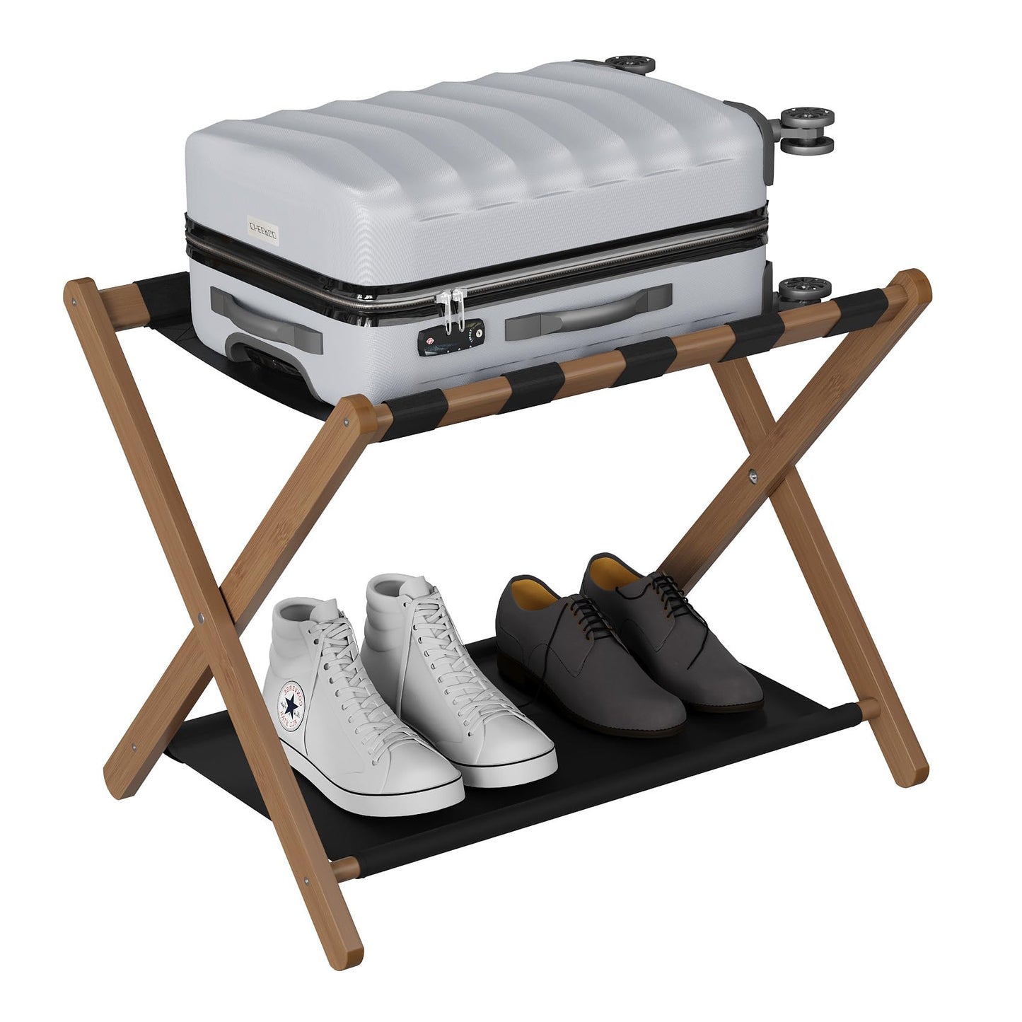 Smuxee Walnut Bamboo Luggage Rack for Guest Room, Foldable Suitcase Stand with Storage Shelf, Easily Assembled Luggage Stand with 5 Nylon Straps for Guest Room Bedroom Hotel