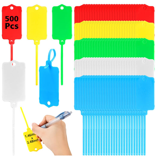 500 PCS Plastic Shipping Tags 1.46" x 2.48" Waterproof Labels Writable Hanging Tag with Sealing Strap Plastic Tags Shipping Cable Tie Label Tag for Keys Luggage Logistic Inventory