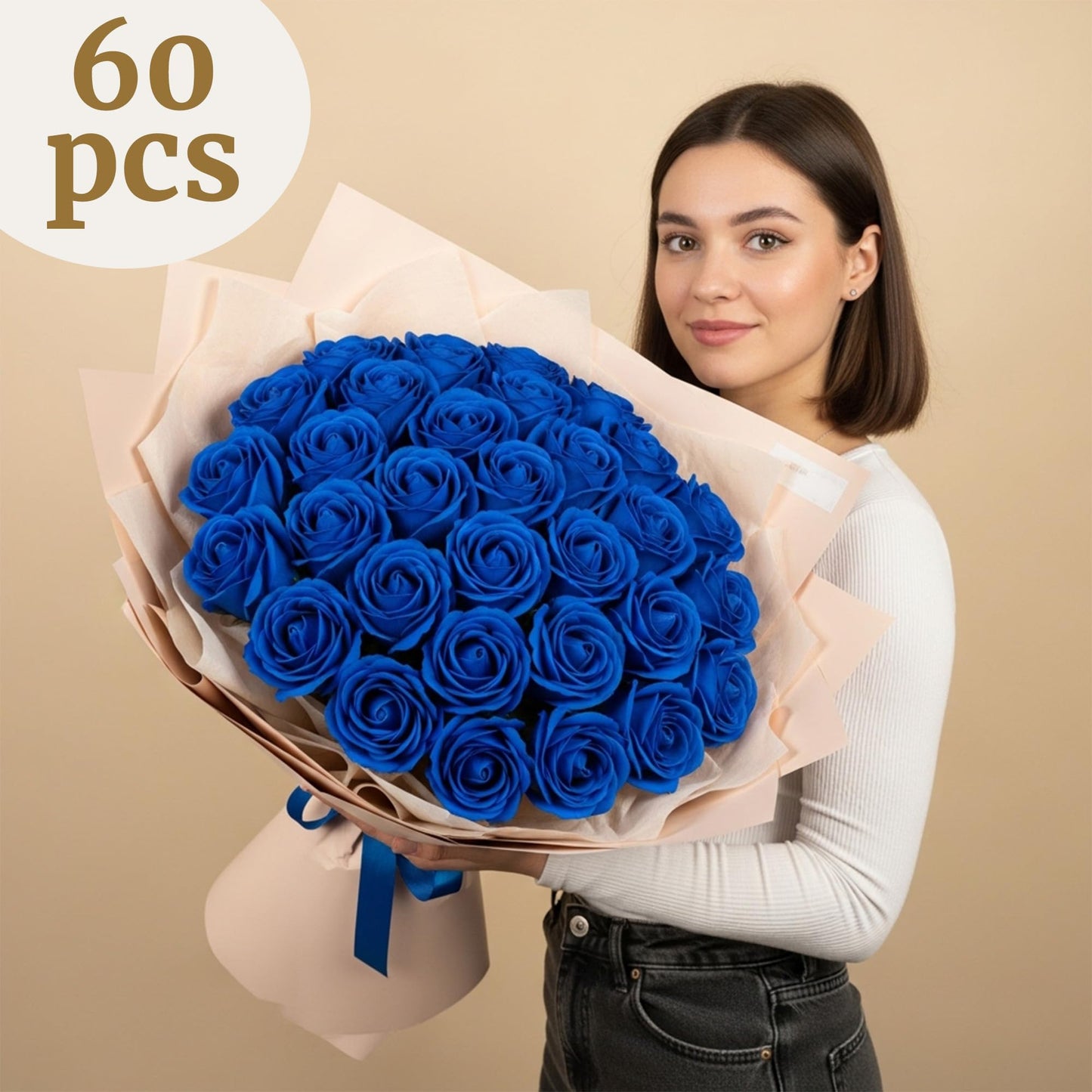 Auihiay 60PCS Fake Blue Roses, Artificial Blue Flowers, Silk Faux Rose with Long Stems for Wedding Centerpieces, Cake, DIY Floral Arrangement, Home Decor, Anniversary, Father's Day Decorations