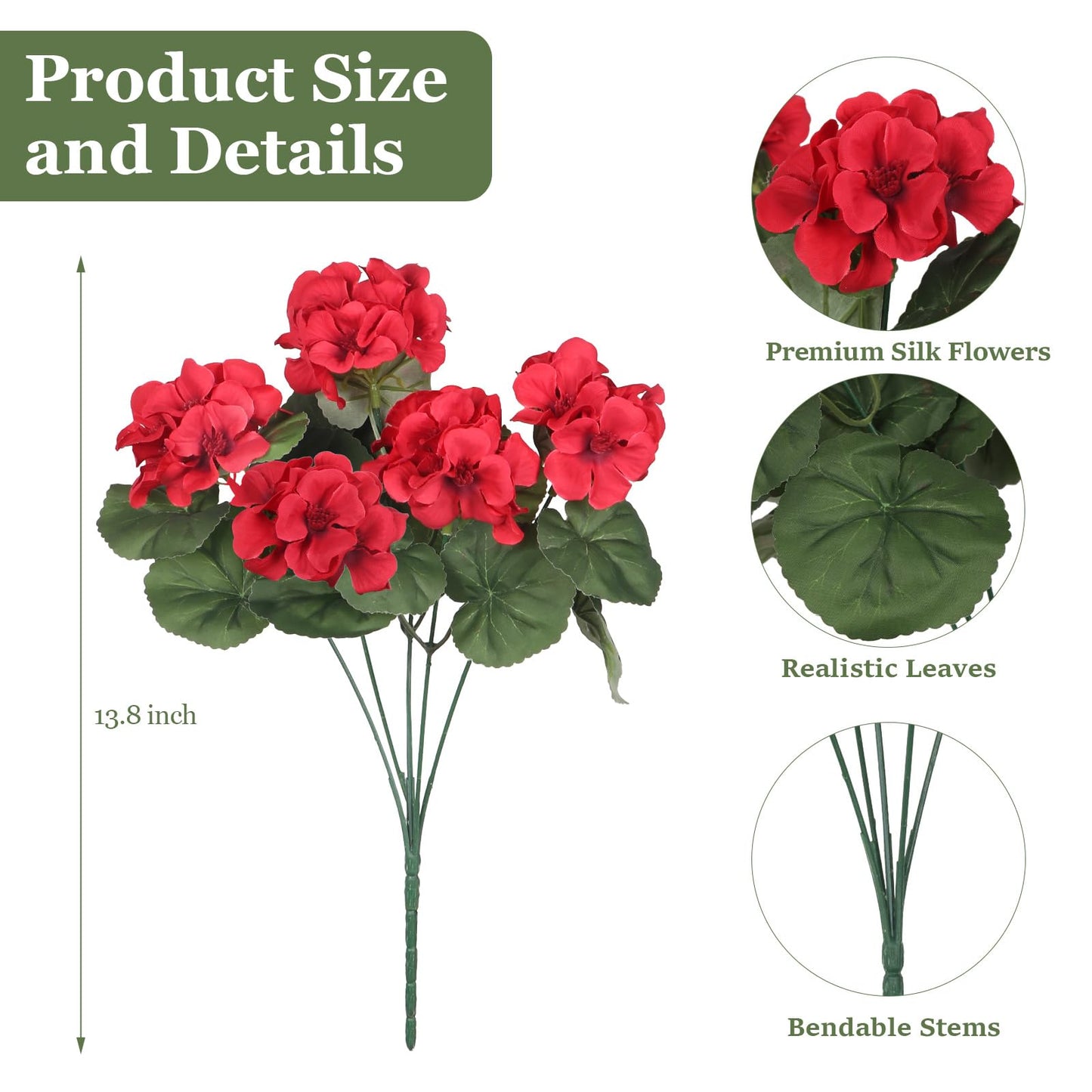 PABREY 12 Pcs Artificial Flowers for Outdoors, Faux Silk Geraniums Flowers UV Resistant Fake Flowers Outdoor Plants for Front Porch Yard Patio Garden Home Decor (12, Red)