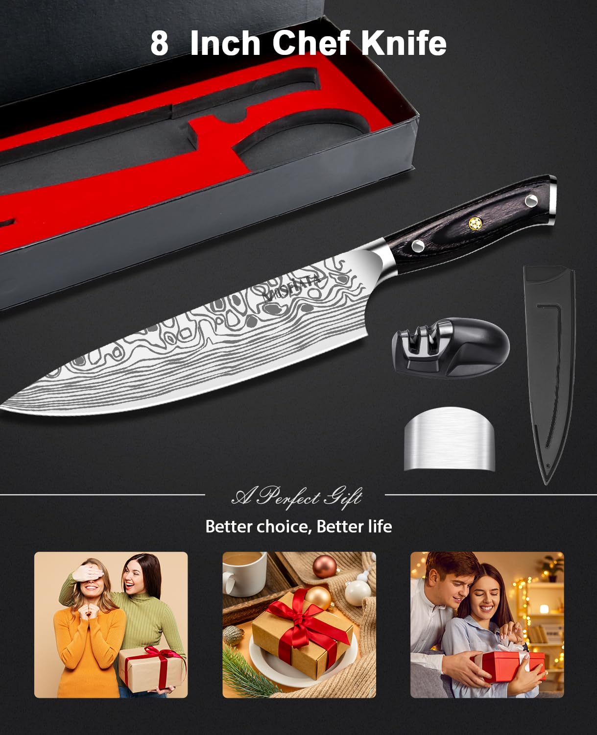 MOSFiATA 8" Super Sharp Professional Chef's Knife with Finger Guard and Knife Sharpener, German High Carbon Stainless Steel EN1.4116 with Micarta Handle and Gift Box
