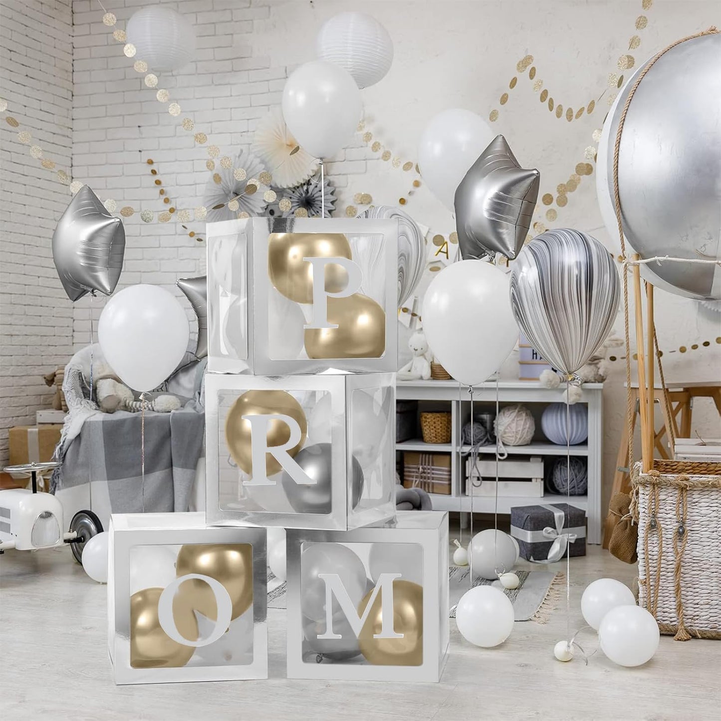 4 Pcs Prom Boxes with Letters 11.8 x 11.8 x 11.8 Inch Clear Prom Balloon Boxes Sliver for Prom Decorations 2026