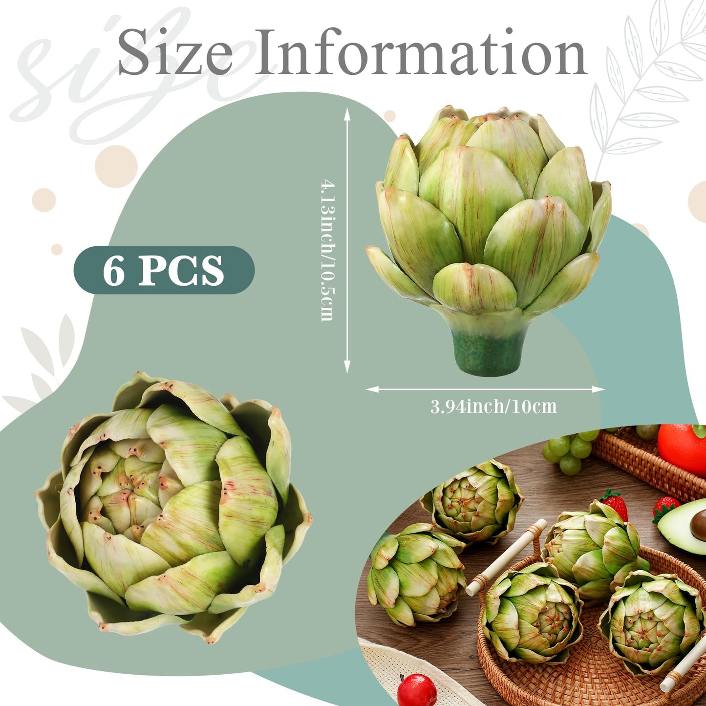 Timgle 6 Pcs Green Artificial Artichokes Fake Vegetables and Fruits for Summer Kitchen Wedding Bowl and Vase Decorations (Large)